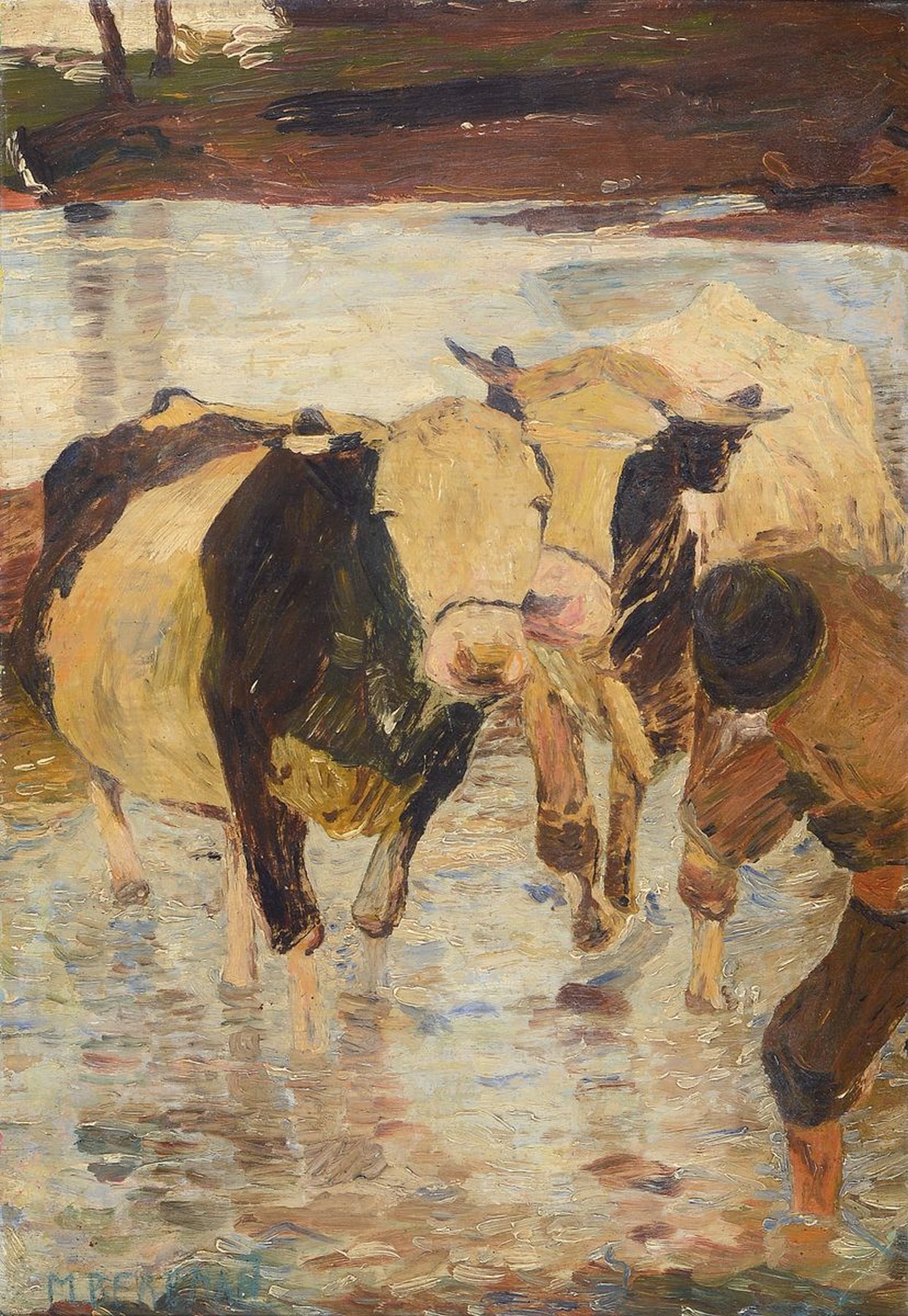Max Bergmann, 1884 Fürstenberg-1955 Haimhausen, Kühe und Hütejunge in der Furt, Öl/Malkarton, links unten signiert, ca. 49x34 cm, R. ca. 58x44cm