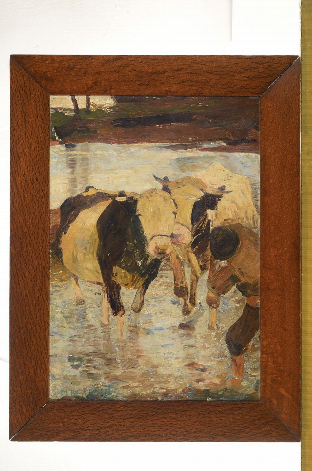Detail k: Max Bergmann, 1884 Fürstenberg-1955 Haimhausen, Kühe und Hütejunge in der Furt, Öl/Malkarton, links unten signiert, ca. 49x34 cm, R. ca. 58x44cm