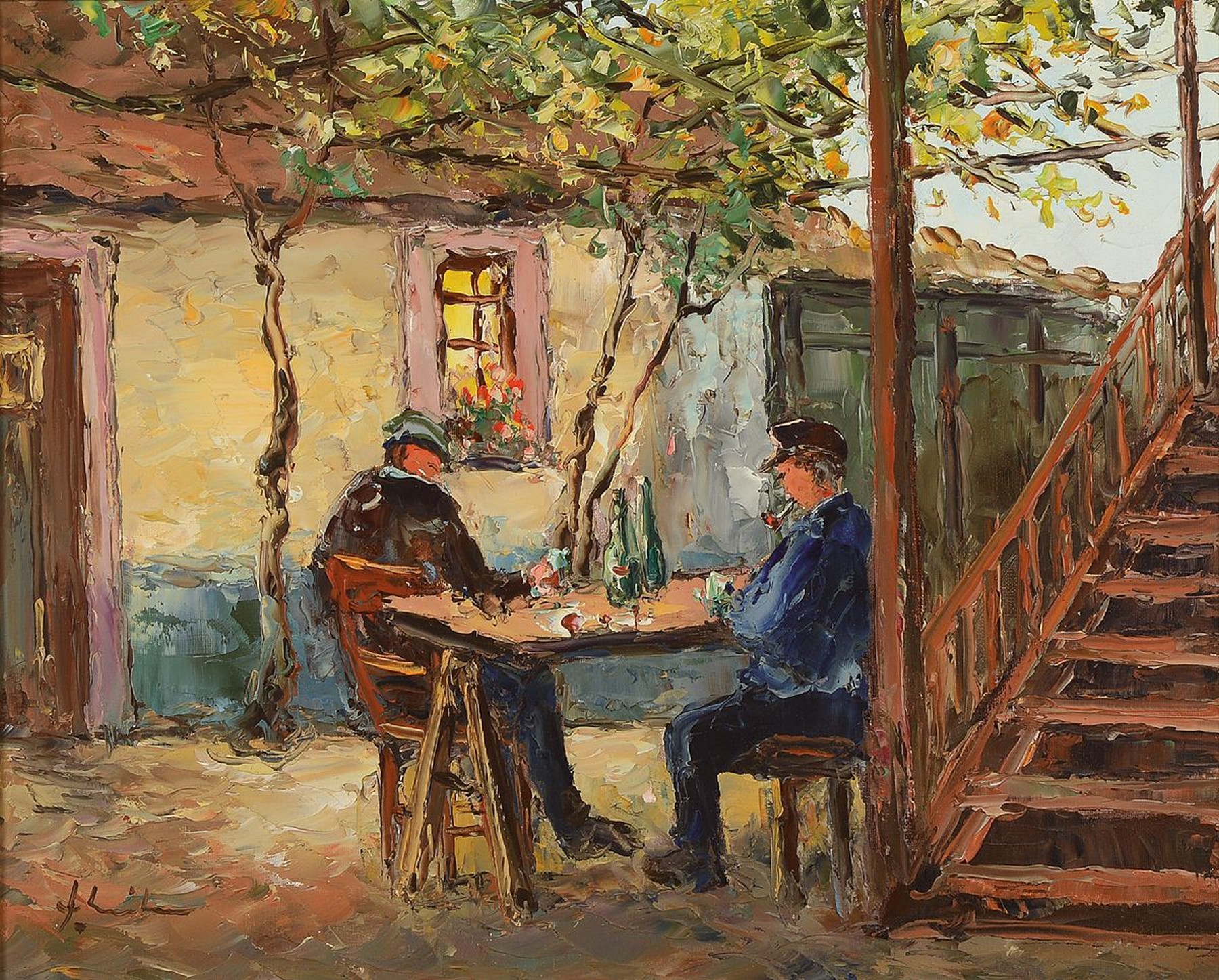 Detail e: Fritz Schreiber, geb. 1929 Bleidenstadt, Meisterschüler von Prof. Walter Prescher van Ed, hier: drei Arbeiten in Öl auf Lwd, 1) Gesellschaft im ...