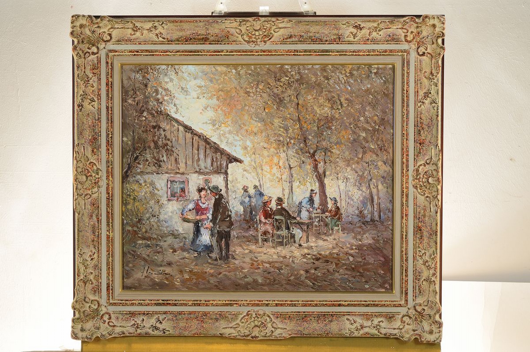 Detail k: Fritz Schreiber, geb. 1929 Bleidenstadt, Meisterschüler von Prof. Walter Prescher van Ed, hier: drei Arbeiten in Öl auf Lwd, 1) Gesellschaft im ...
