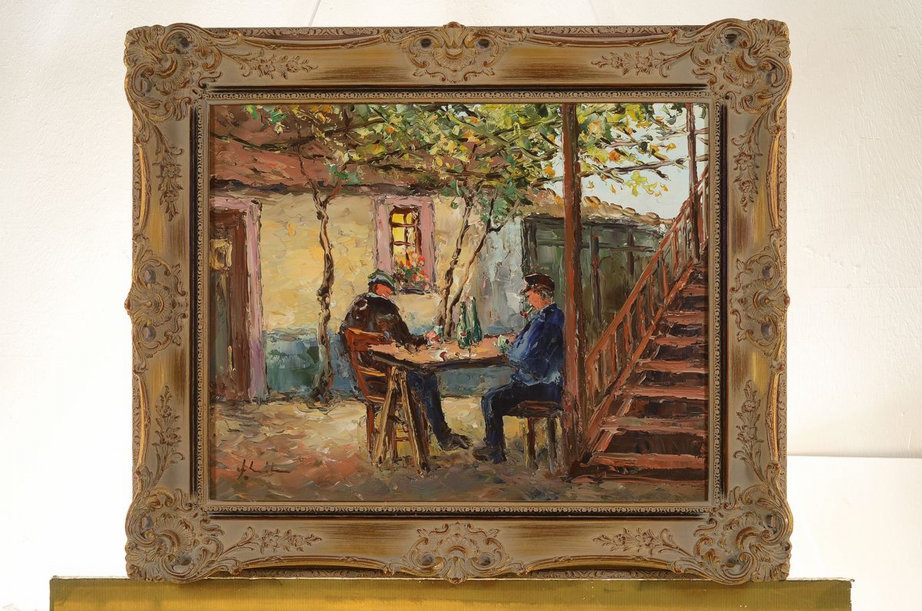 Detail p: Fritz Schreiber, geb. 1929 Bleidenstadt, Meisterschüler von Prof. Walter Prescher van Ed, hier: drei Arbeiten in Öl auf Lwd, 1) Gesellschaft im ...
