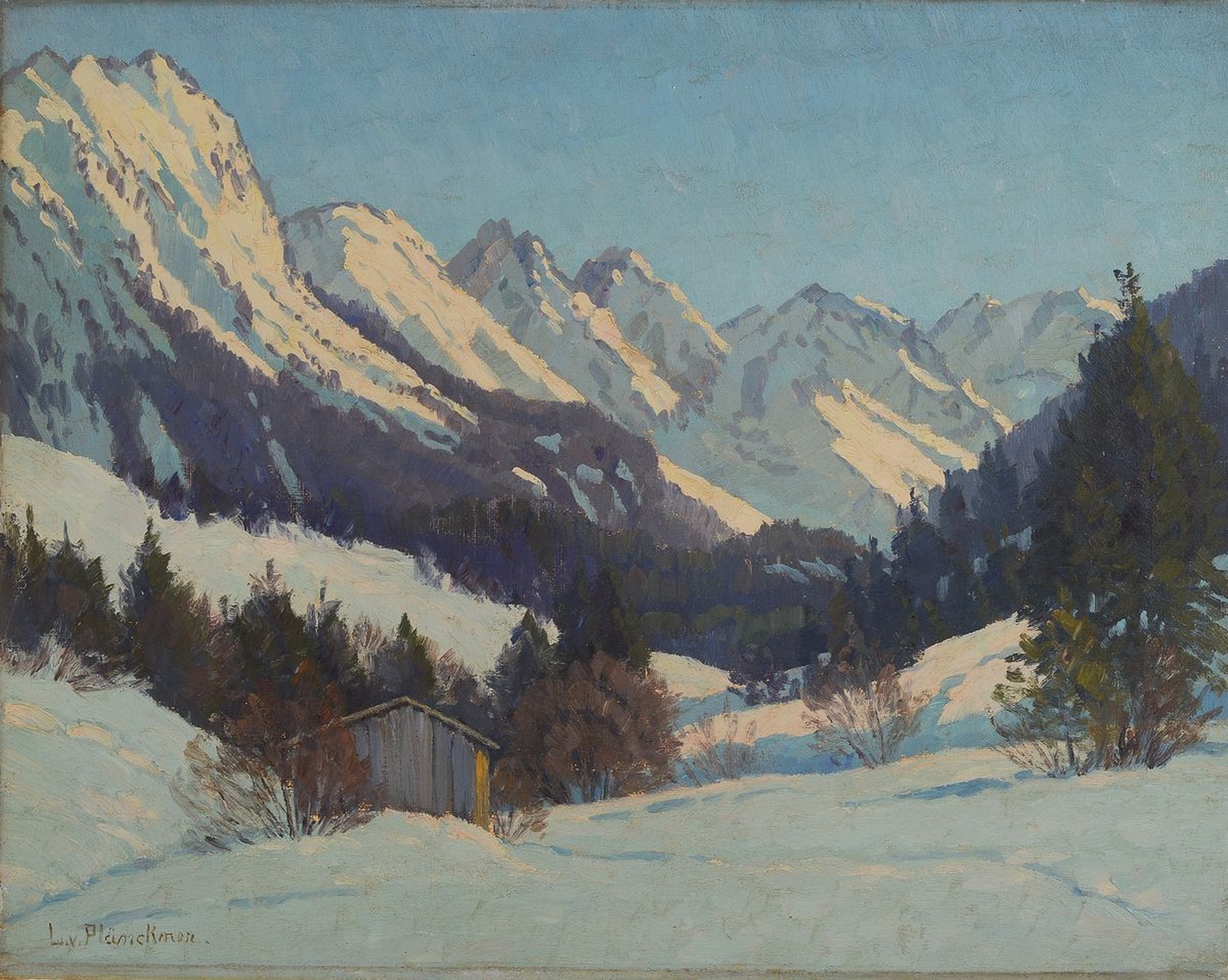 Lonny von Plänckner, 1863 bis ca. 1925, Verschneite Gebirgslandschaft mit Hütte, Öl/Lwd, links unten signiert, ca. 40x50cm