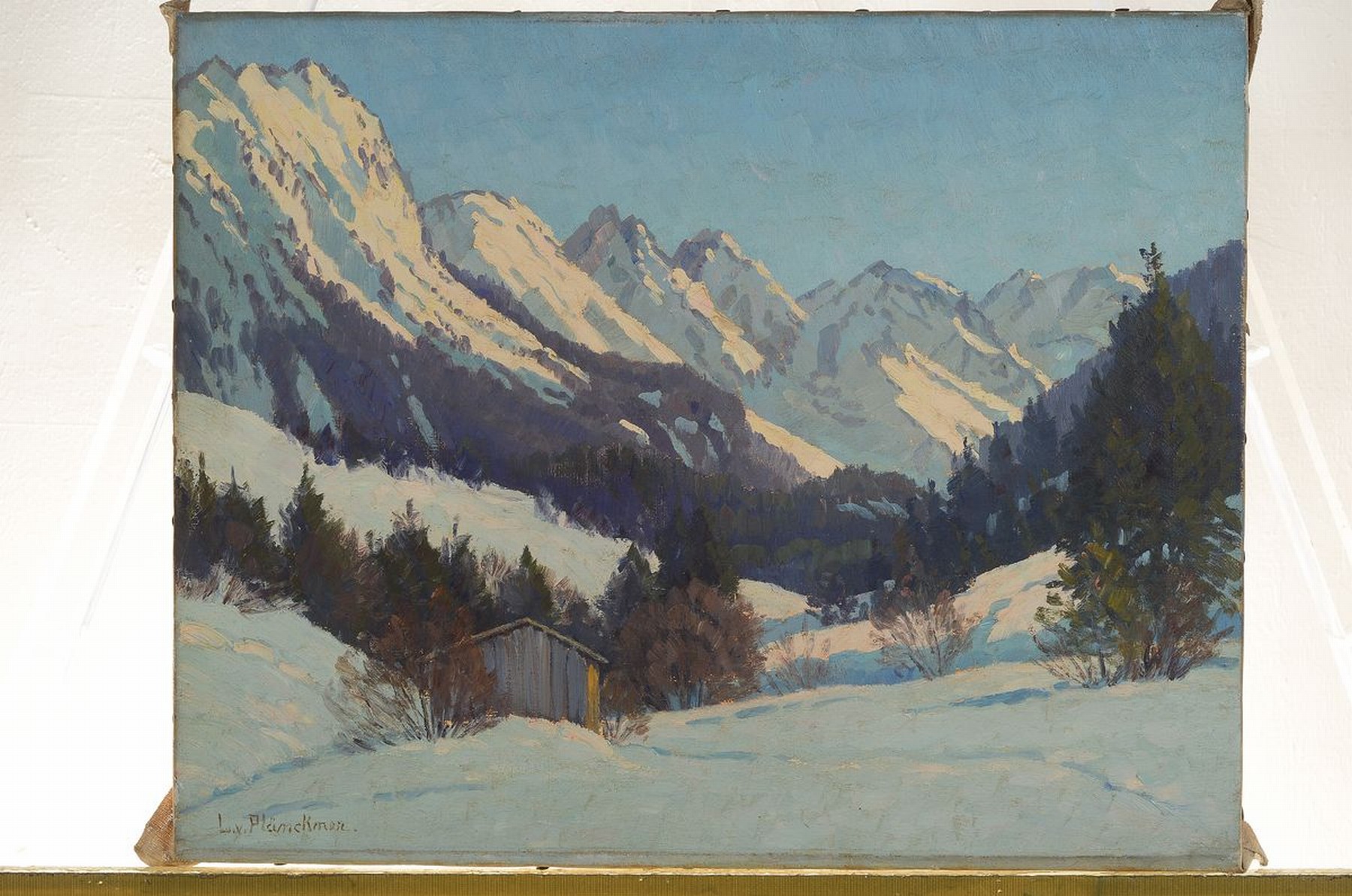 Detail k: Lonny von Plänckner, 1863 bis ca. 1925, Verschneite Gebirgslandschaft mit Hütte, Öl/Lwd, links unten signiert, ca. 40x50cm