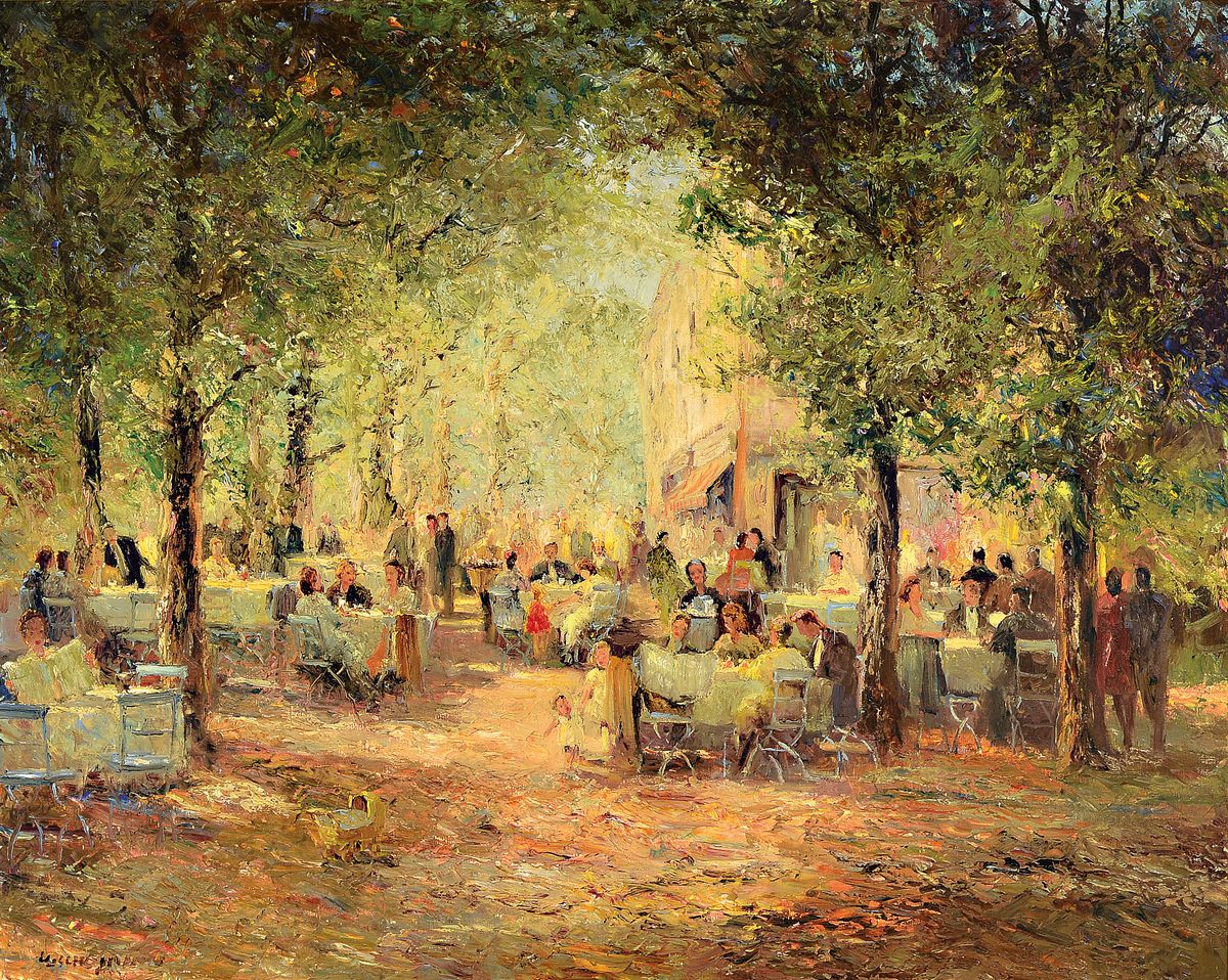 Ludwig Gschossmann, 1894 Straßburg-1988 Tegernsee, vielfigurige Biergartenszene, Öl/Lwd, links unten signiert, ca. 80x100cm, Barockstilrahmen ...