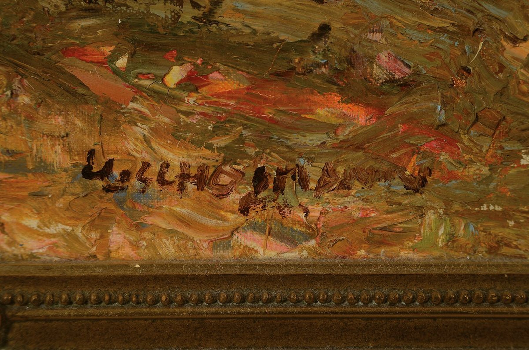 Detail a: Ludwig Gschossmann, 1894 Straßburg-1988 Tegernsee, vielfigurige Biergartenszene, Öl/Lwd, links unten signiert, ca. 80x100cm, Barockstilrahmen ...