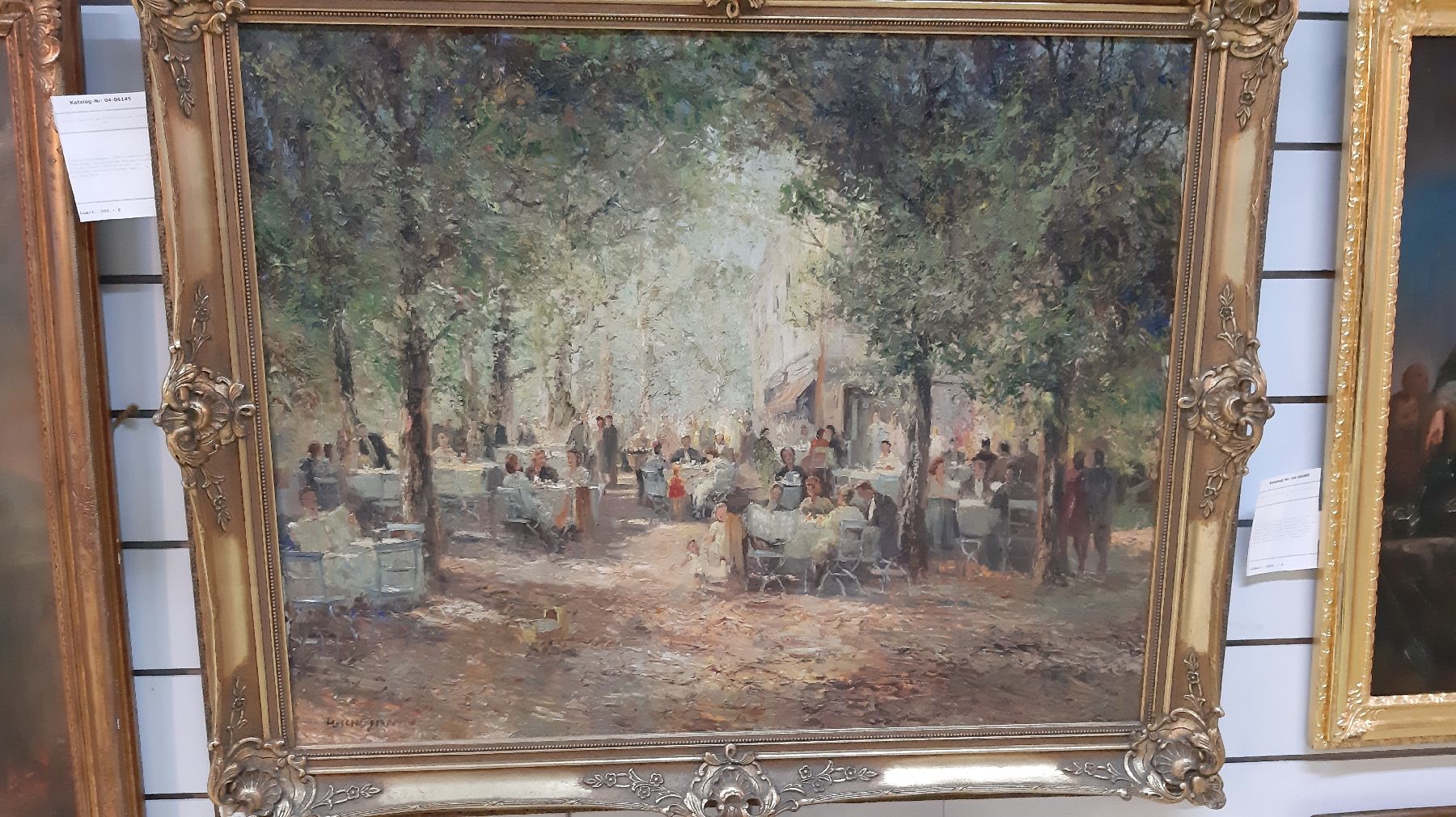 Detail b: Ludwig Gschossmann, 1894 Straßburg-1988 Tegernsee, vielfigurige Biergartenszene, Öl/Lwd, links unten signiert, ca. 80x100cm, Barockstilrahmen ...