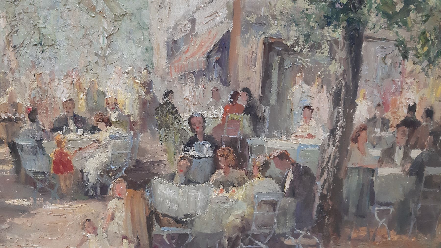 Detail d: Ludwig Gschossmann, 1894 Straßburg-1988 Tegernsee, vielfigurige Biergartenszene, Öl/Lwd, links unten signiert, ca. 80x100cm, Barockstilrahmen ...
