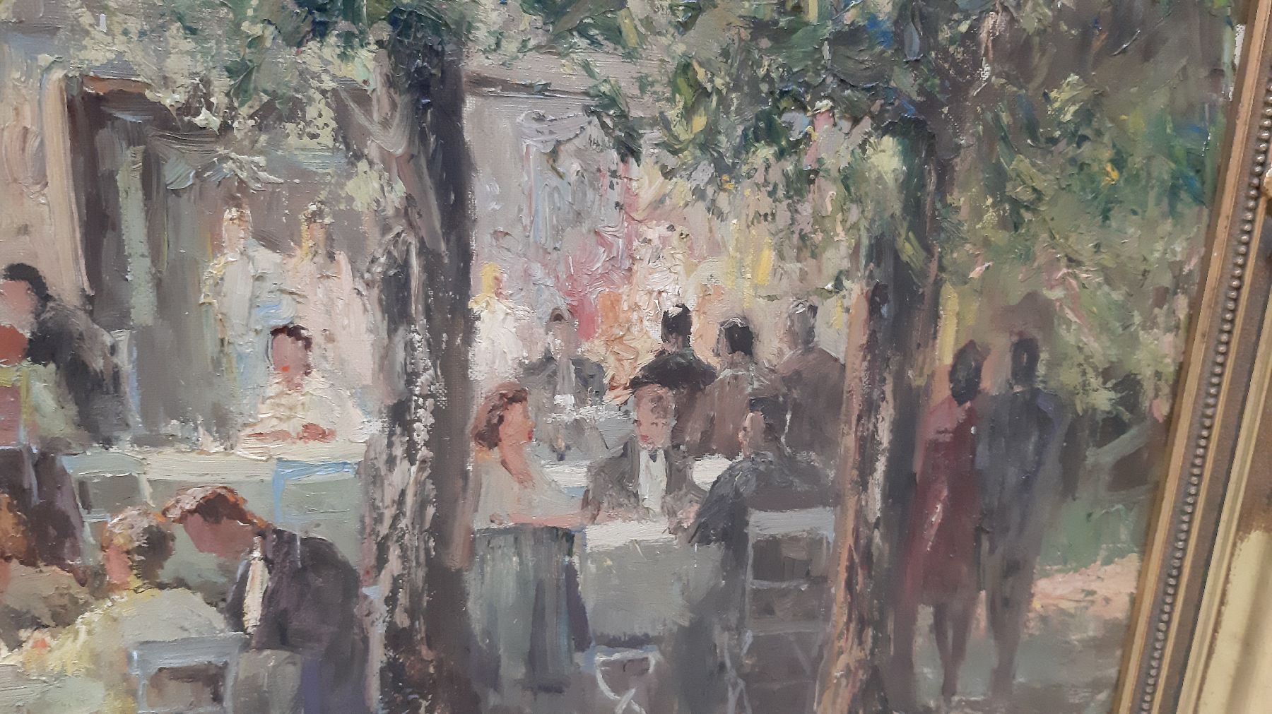 Detail e: Ludwig Gschossmann, 1894 Straßburg-1988 Tegernsee, vielfigurige Biergartenszene, Öl/Lwd, links unten signiert, ca. 80x100cm, Barockstilrahmen ...