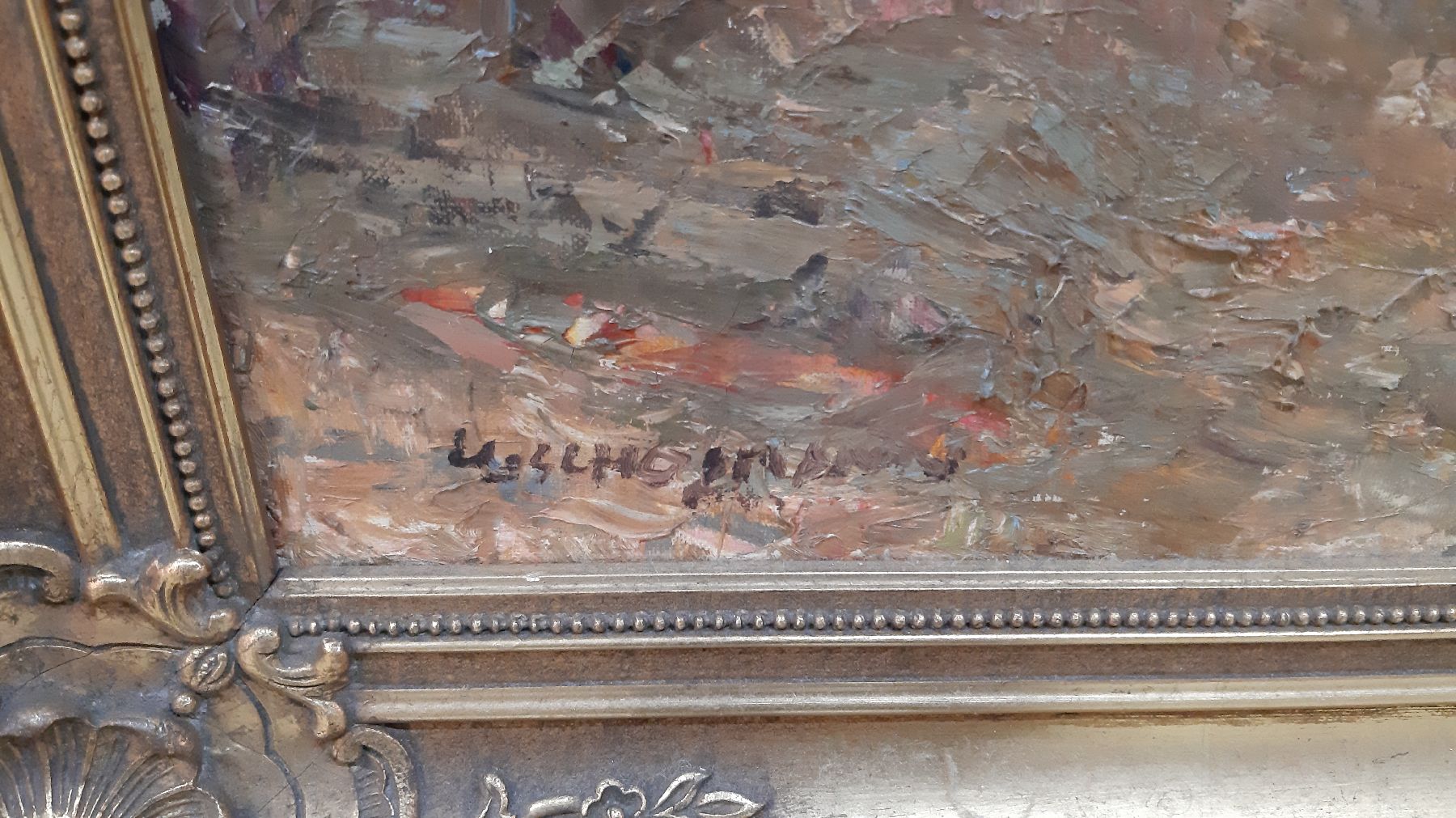 Detail f: Ludwig Gschossmann, 1894 Straßburg-1988 Tegernsee, vielfigurige Biergartenszene, Öl/Lwd, links unten signiert, ca. 80x100cm, Barockstilrahmen ...
