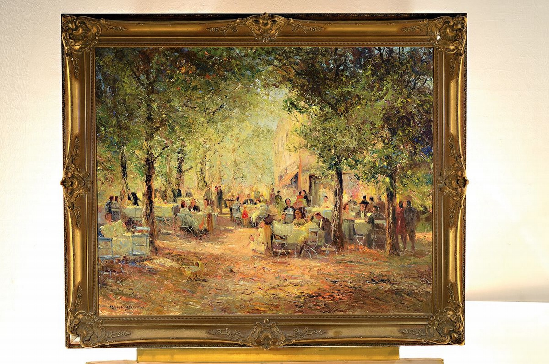 Detail k: Ludwig Gschossmann, 1894 Straßburg-1988 Tegernsee, vielfigurige Biergartenszene, Öl/Lwd, links unten signiert, ca. 80x100cm, Barockstilrahmen ...