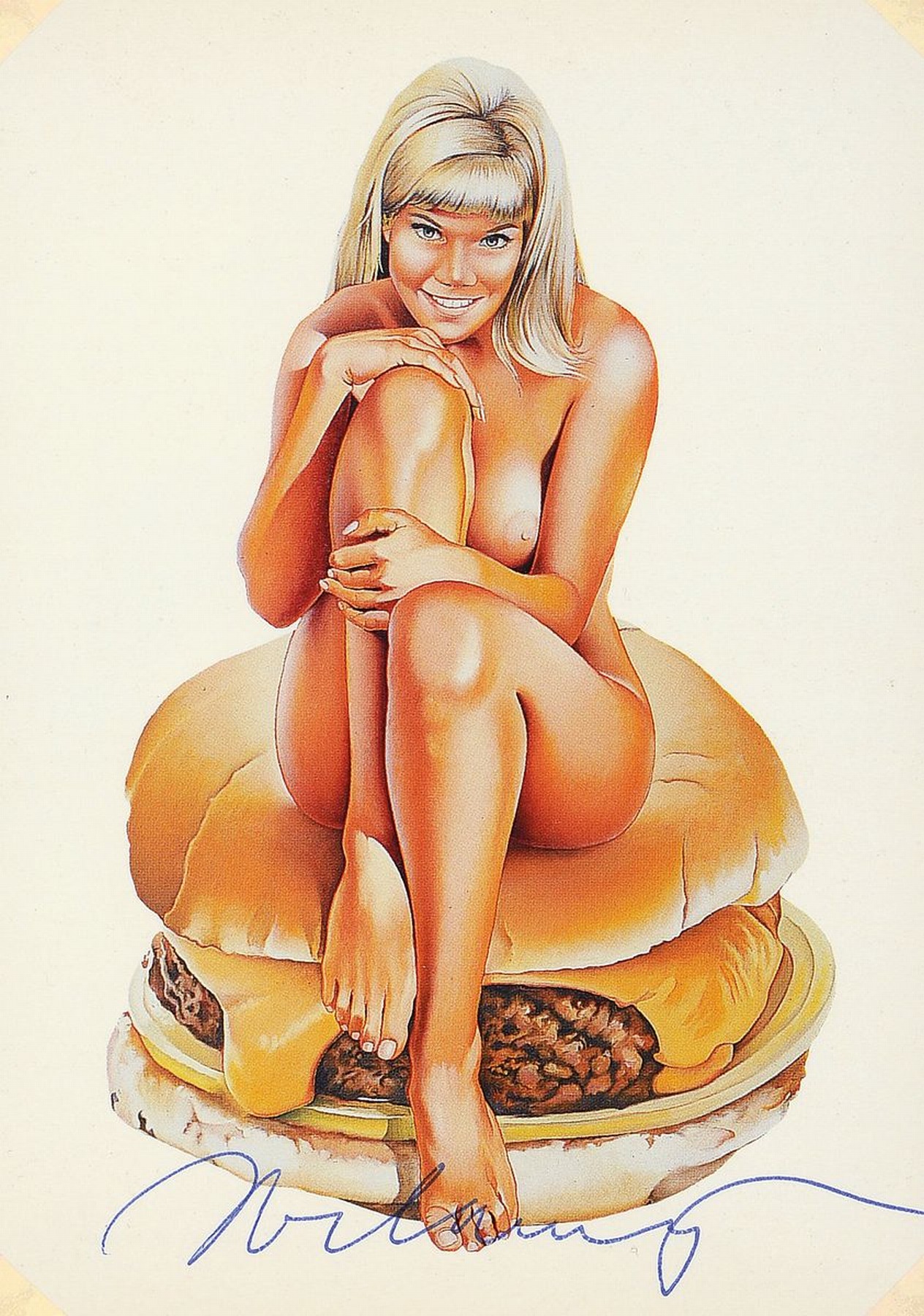 Mel Ramos, 1935-2018, "Barbiburger", Kunstpostkarte, sign, zwischen doppeltem Plexiglas gerahmt, Motiv ca. 16x11,5 cm, gesamt ca. 23x19 cm