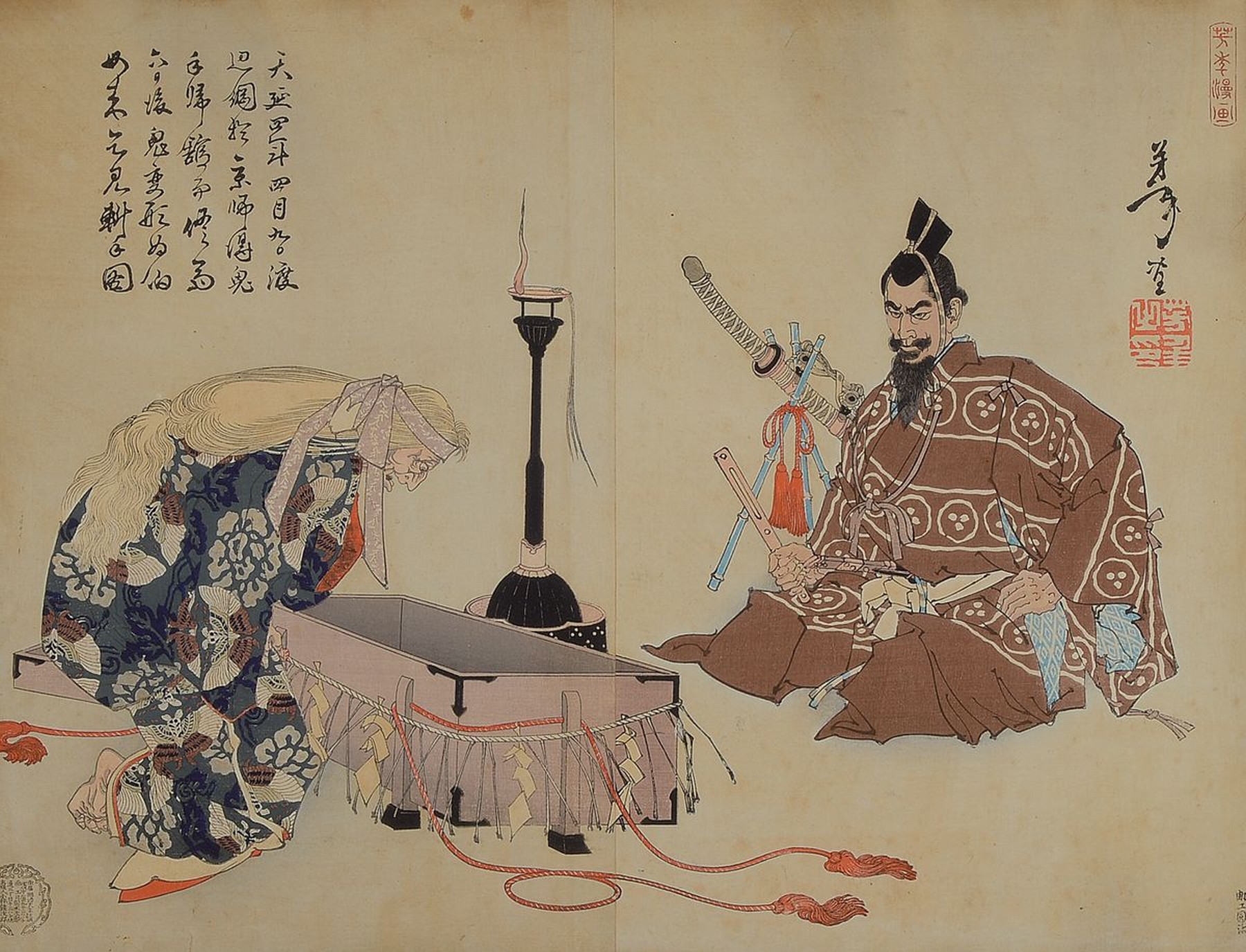 Sammlung aus 12 Ukiyo-e, japanische Farbholzschnitte, 1840-1920, mit Landschaftsdarstellungen, Kabuki-Szenen u.a., u.a. Kunisada, Toyokuni, u.a. ...