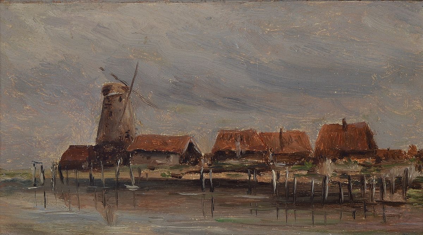 Detail a: Friedrich Philipp Schmöle, 1844-1924 Frankfurtam Main, 2 Gemälde, Küstendorf mit Windmühle, Gehöft in hügeliger Wiesenland- schaft, Öl/Papier ...