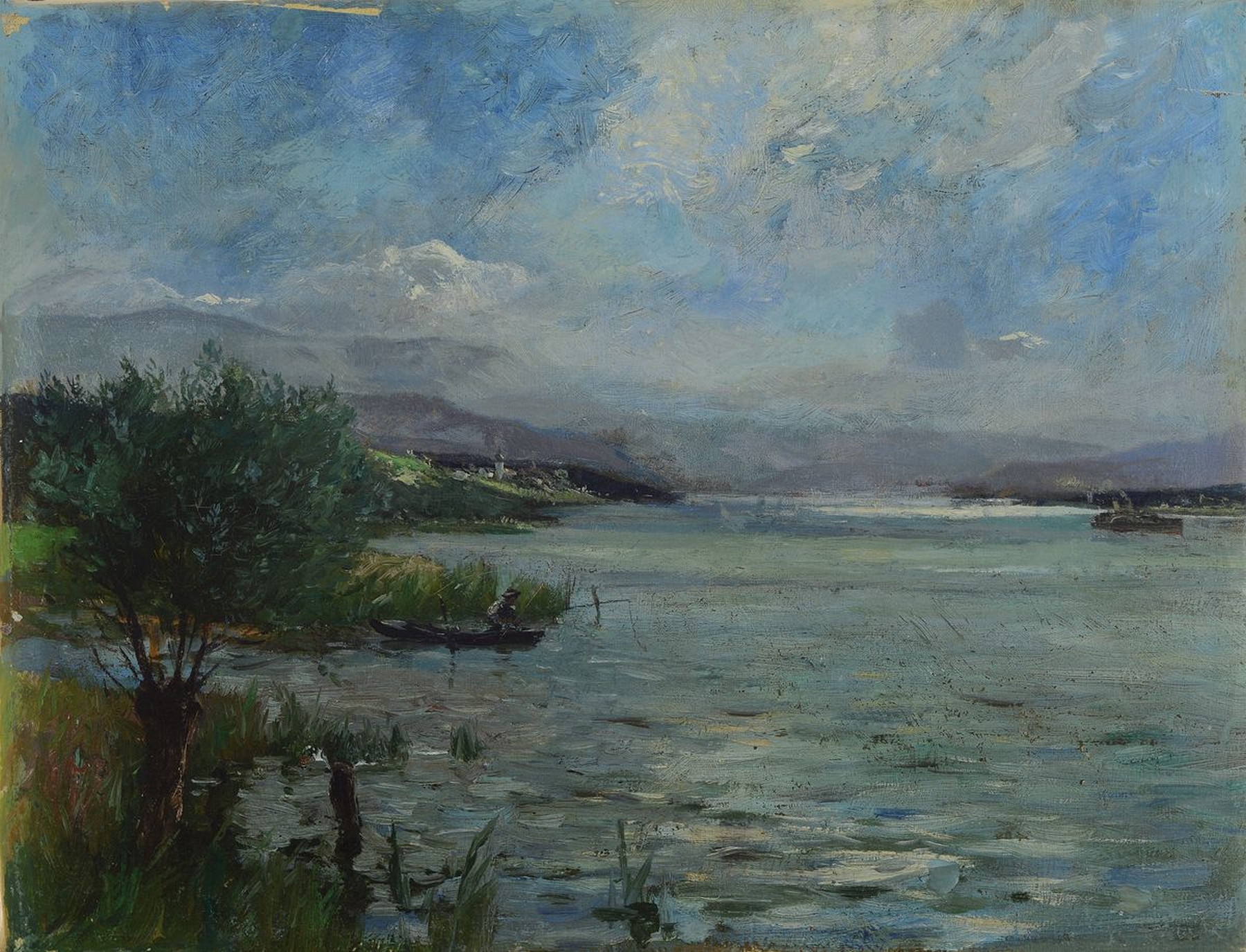 Zuschreibung: Eugen Kampf, 1861 Aachen-1933 Düsseldorf, Seeuferlandschaft, Öl/Lwd, doubliert, auf dem Keilrahmen bez. E. Kampf Df., qualitätvolle ...
