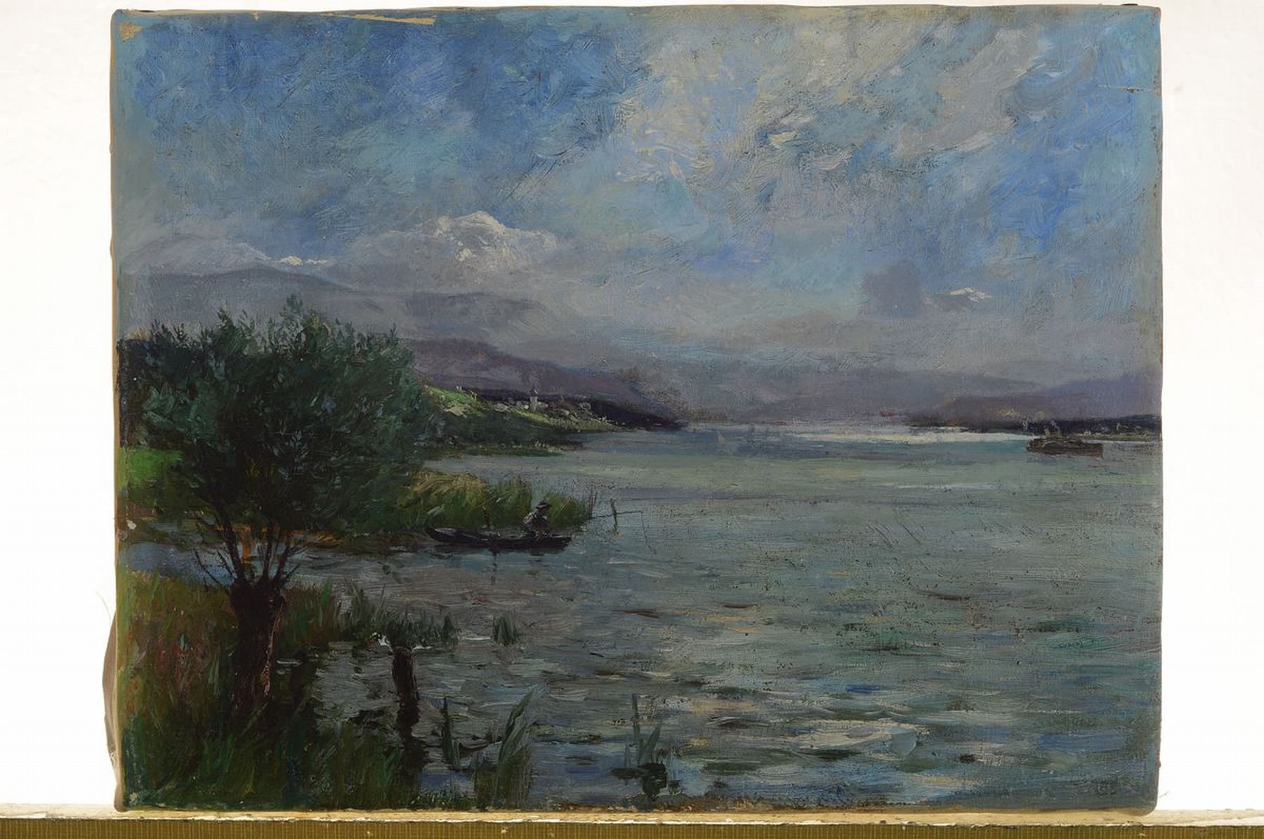 Detail k: Zuschreibung: Eugen Kampf, 1861 Aachen-1933 Düsseldorf, Seeuferlandschaft, Öl/Lwd, doubliert, auf dem Keilrahmen bez. E. Kampf Df., qualitätvolle ...