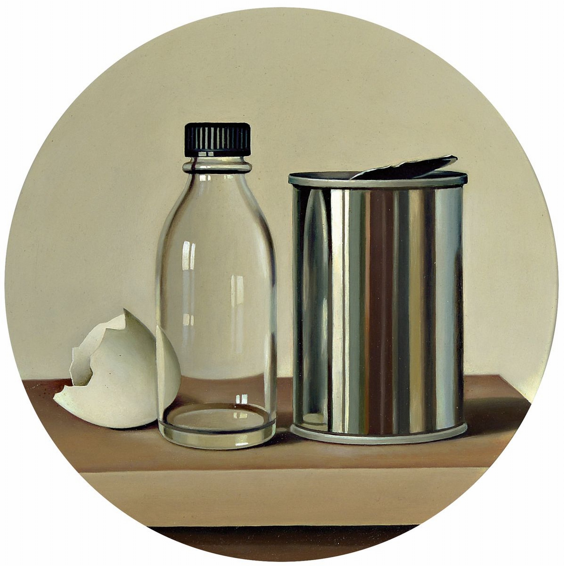 Klaus Langkafel,, 1941 - 2007, Fotorealistische Malerei, Flasche und Dose, Öl/Holz, rückseitig mit Bleistift signiert rund, D. ca. 21.5 cm