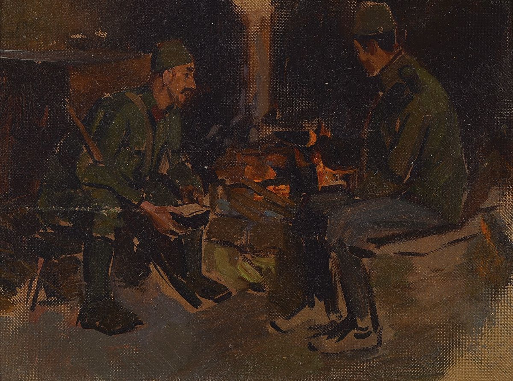 Zuschreibung: Adolf Kessler, 1890 Godramstein -1974, Studium an der Akademie München, hier: "türkische Soldaten am Feuer", Öl/Malkarton, ...