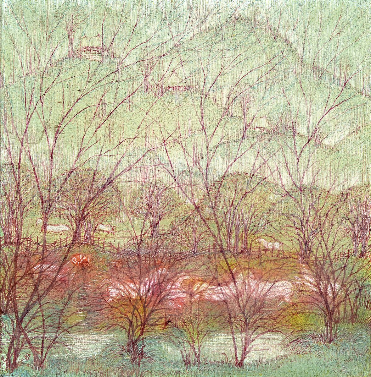 Hossein Mahjoubi, geb. 1930 in Lahijan/Iran,Landschaft mit Bäumen und Pferden am Fluß, Öl/Lwd, links unten signiert und dat. 1982, ca. 25x25cm, R. ...