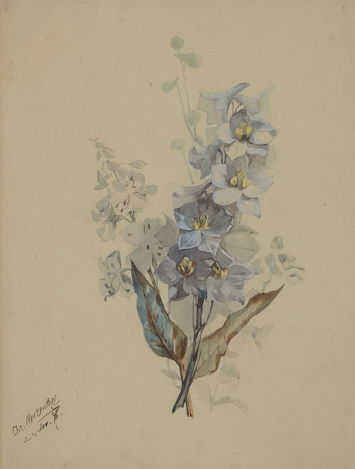 Detail a: Christian Neureuther, 1868 Untersotzbach-1921 Schlierbach, 4 Aquarelle: Stiefmütterchen in Vase, ca. 38x29cm; Blütenzweig, signiert und dat. 8, ca. ...