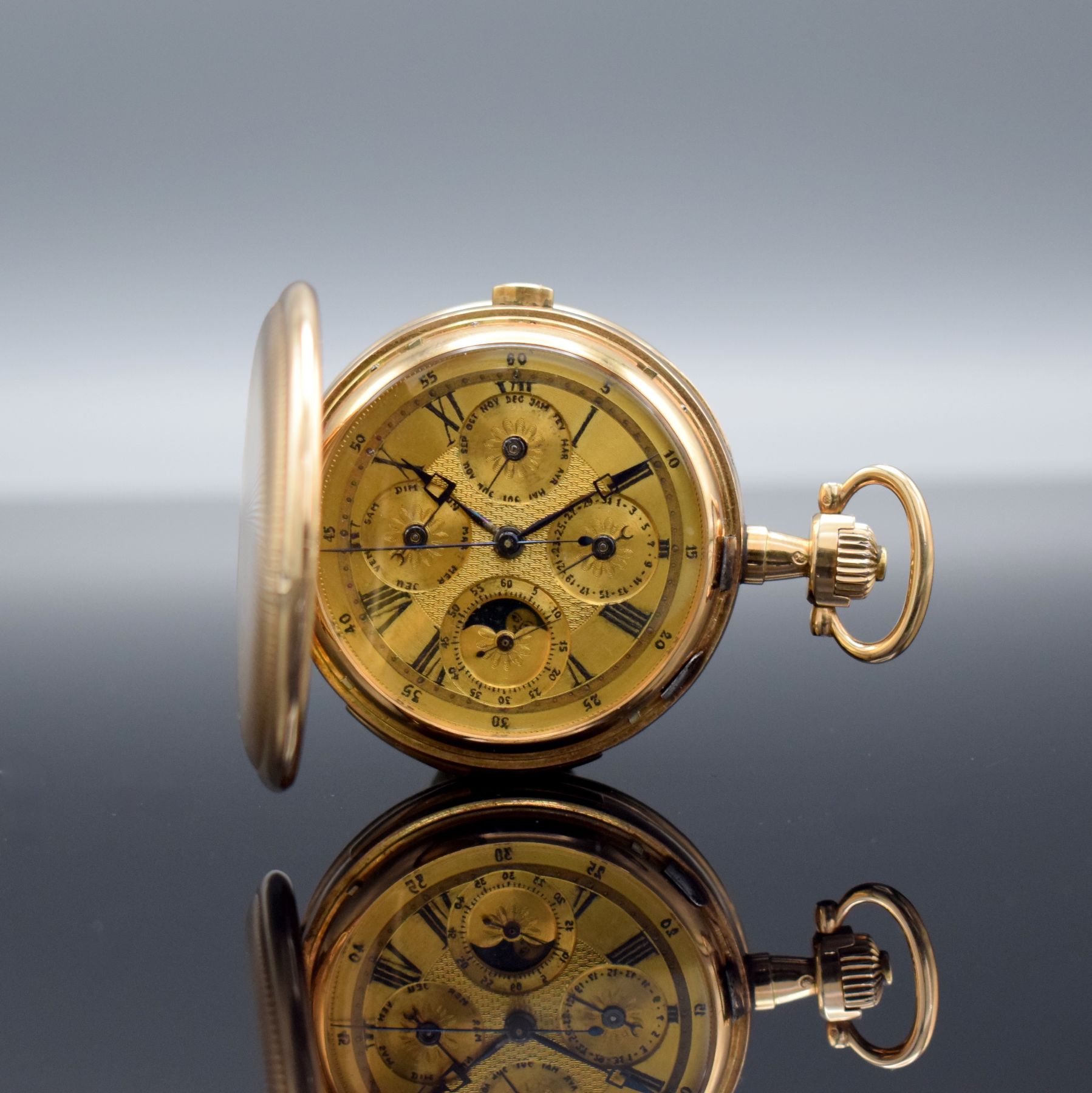 Schwere Herrensavonette mit 1/4-Repetition, Vollkalender & Chronograph und prominentem Vorbesitzer in GG 585/000, Schweiz um 1900, Strahlen-guill. ...