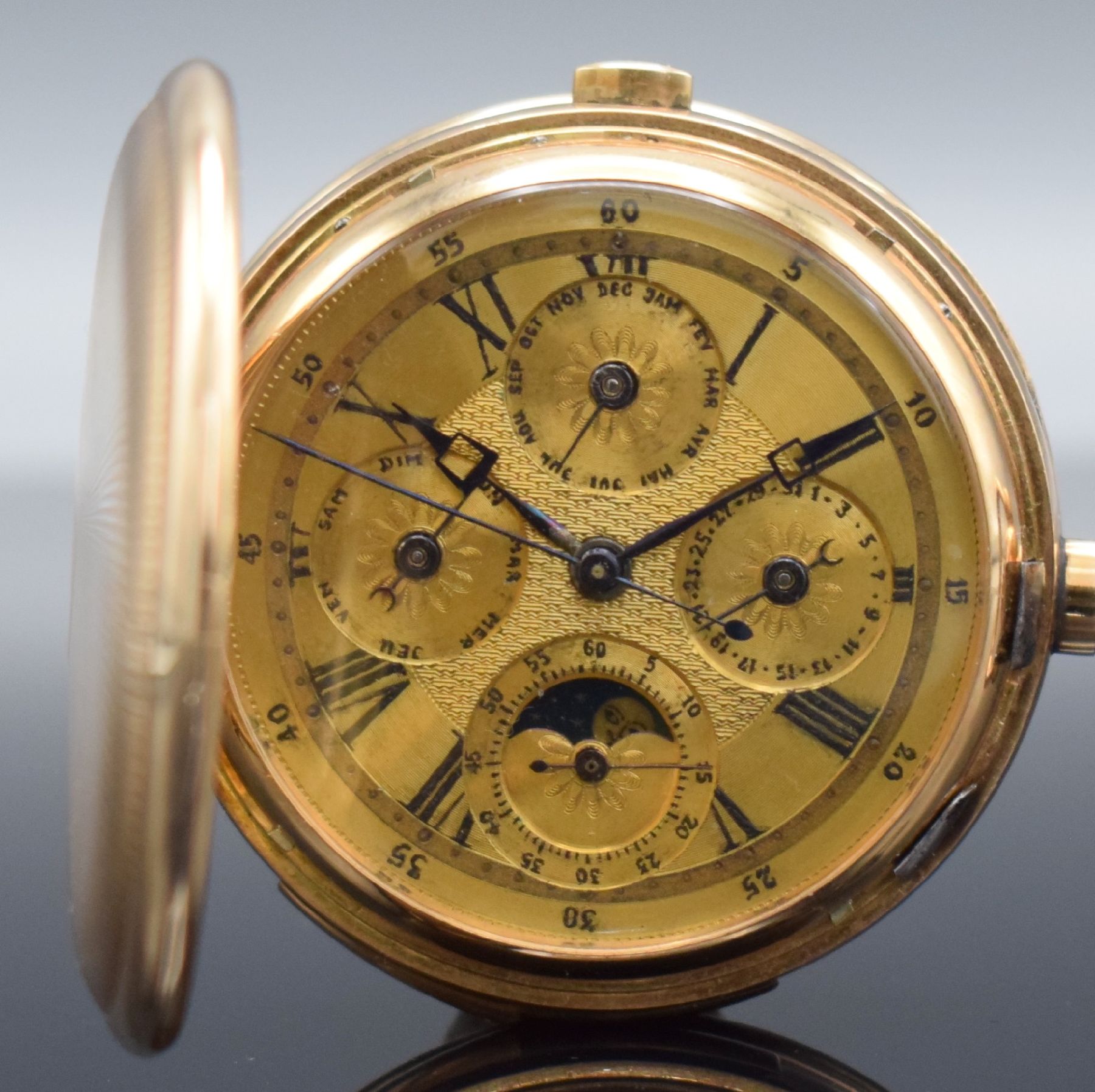 Detail a: Schwere Herrensavonette mit 1/4-Repetition, Vollkalender & Chronograph und prominentem Vorbesitzer in GG 585/000, Schweiz um 1900, Strahlen-guill. ...