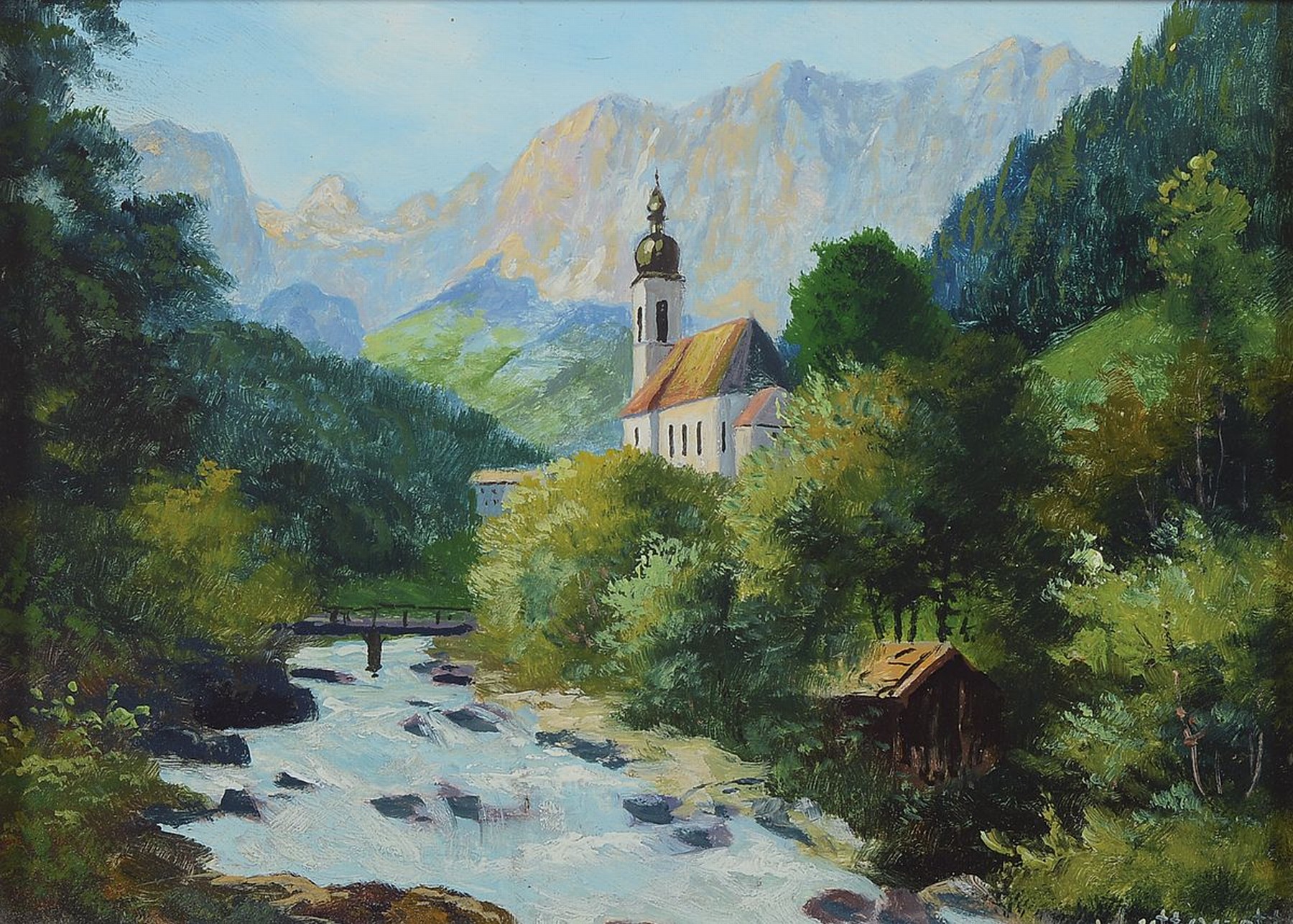 Karl von Lutterotti, 1793 Bozen-1872 Imst, Studium an der Akademie Düsseldorf, hier: Kapelle im Gebirge, Öl/Holz, rechts unten signiert, ca. ...