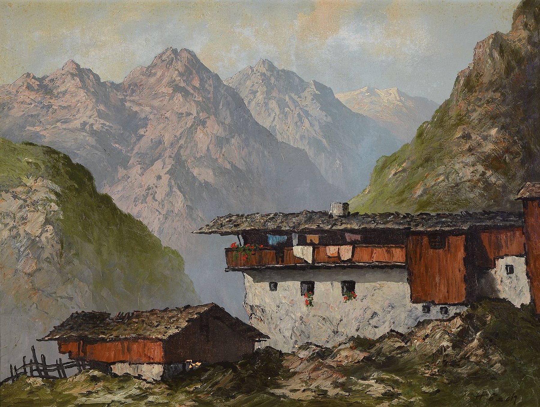 Hans Hösch, 1855-1902, Bauernhaus in den Tiroler Bergen, Öl/Lwd, rechts unten signiert, ca. 60x80cm, Barockstilrahmen besch., ca. 73x93cm