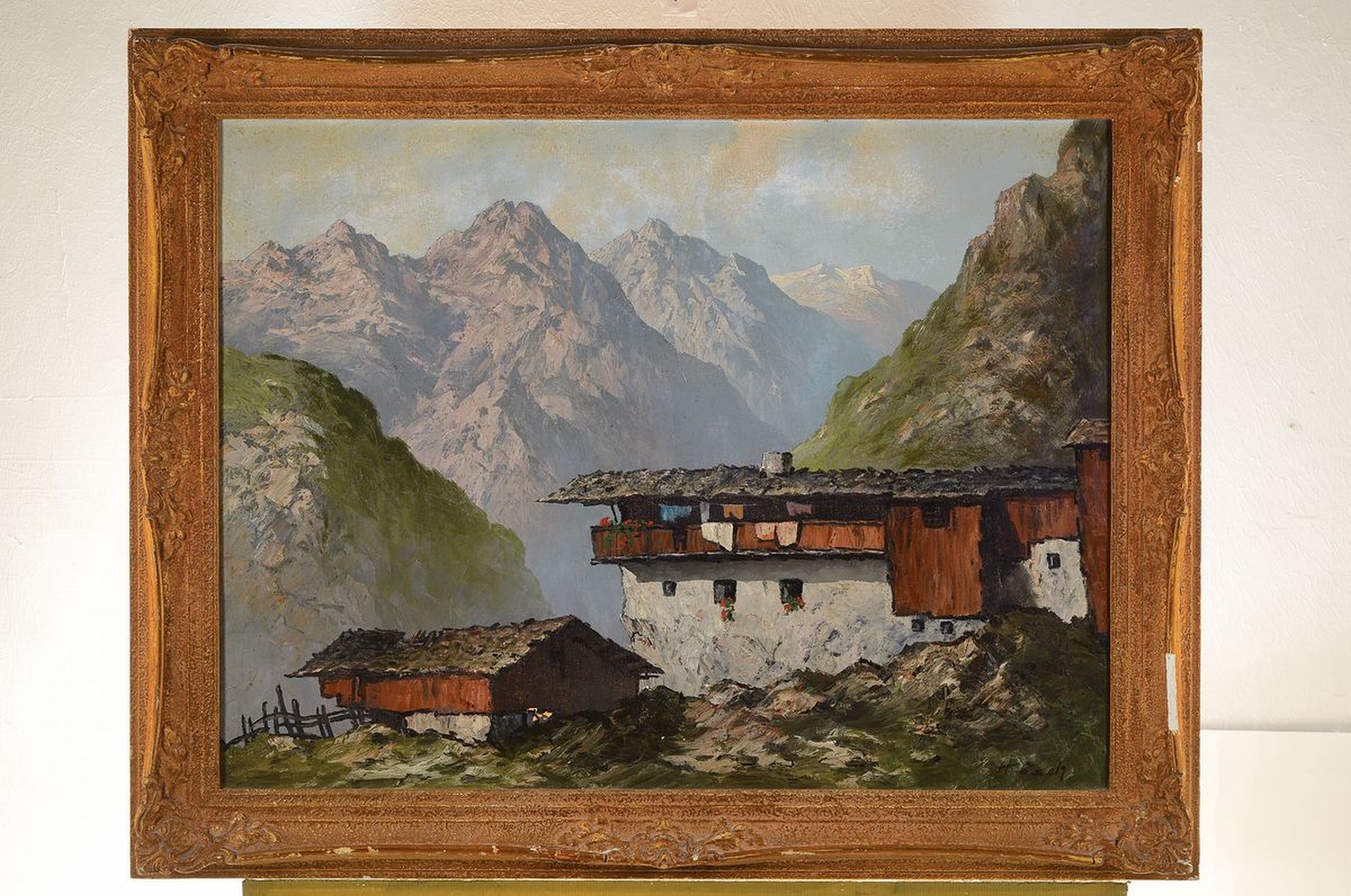 Detail k: Hans Hösch, 1855-1902, Bauernhaus in den Tiroler Bergen, Öl/Lwd, rechts unten signiert, ca. 60x80cm, Barockstilrahmen besch., ca. 73x93cm