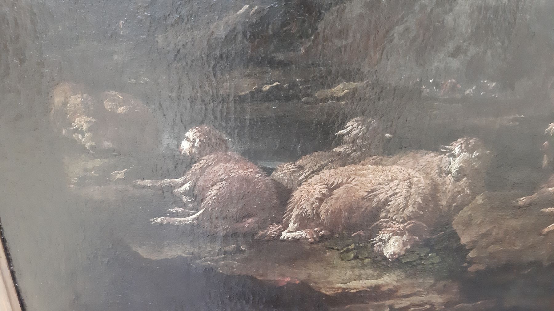 Detail d: Umkreis Rosa di Tivoli, um 1650, italienische Hügellandschaft mit Burgruine, im Vordergrund Hirte mit rastenden Schafen, Andeutung von ...