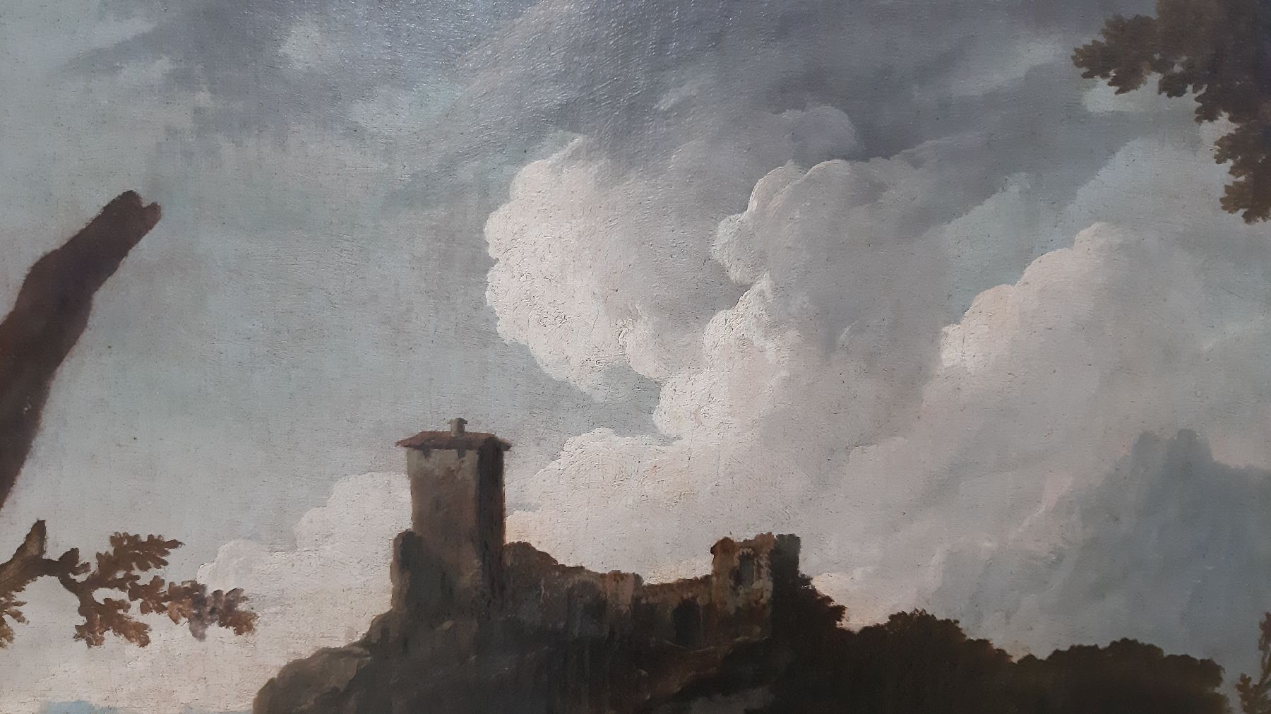 Detail f: Umkreis Rosa di Tivoli, um 1650, italienische Hügellandschaft mit Burgruine, im Vordergrund Hirte mit rastenden Schafen, Andeutung von ...