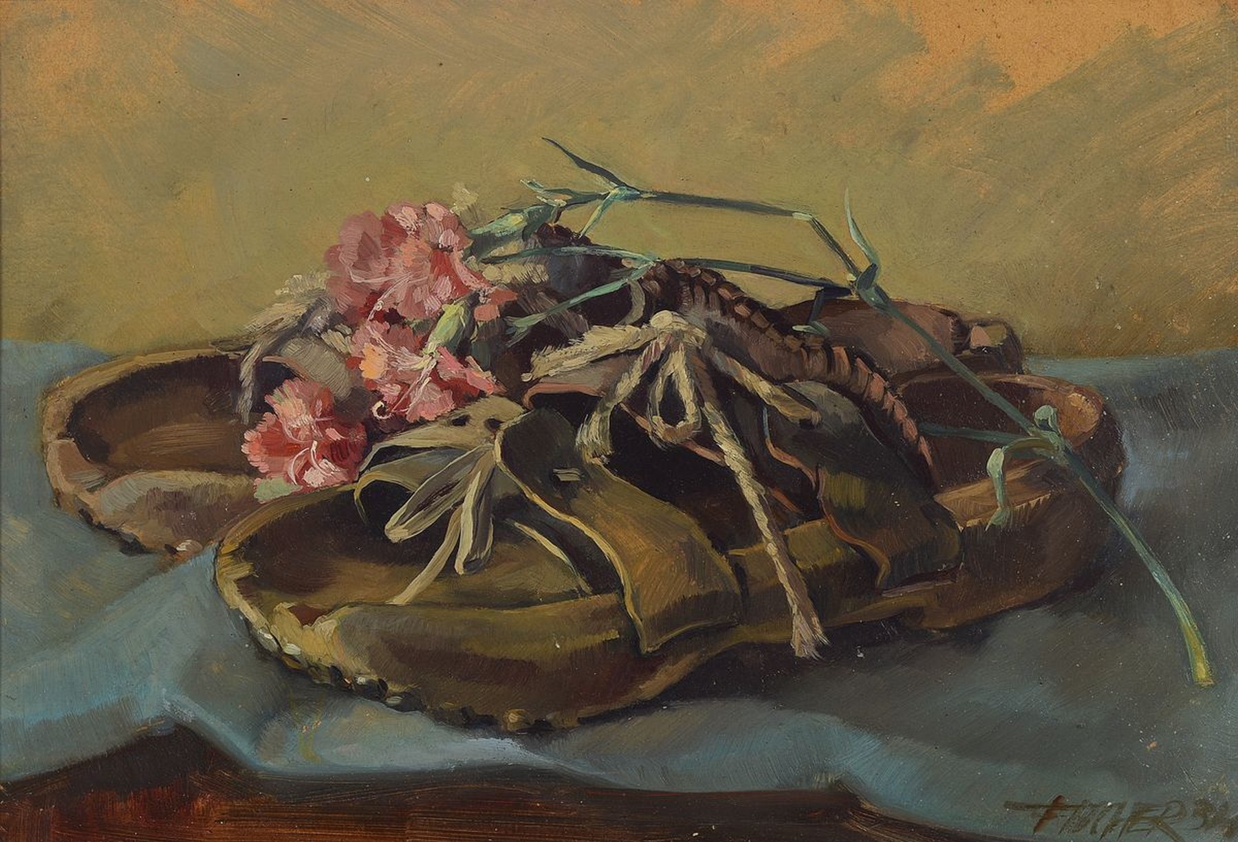 Fischer, wohl 1940/50er Jahre, Holzschlappenmit Nelken, signiert, ca. 26 x 37 cm, Rahmen
