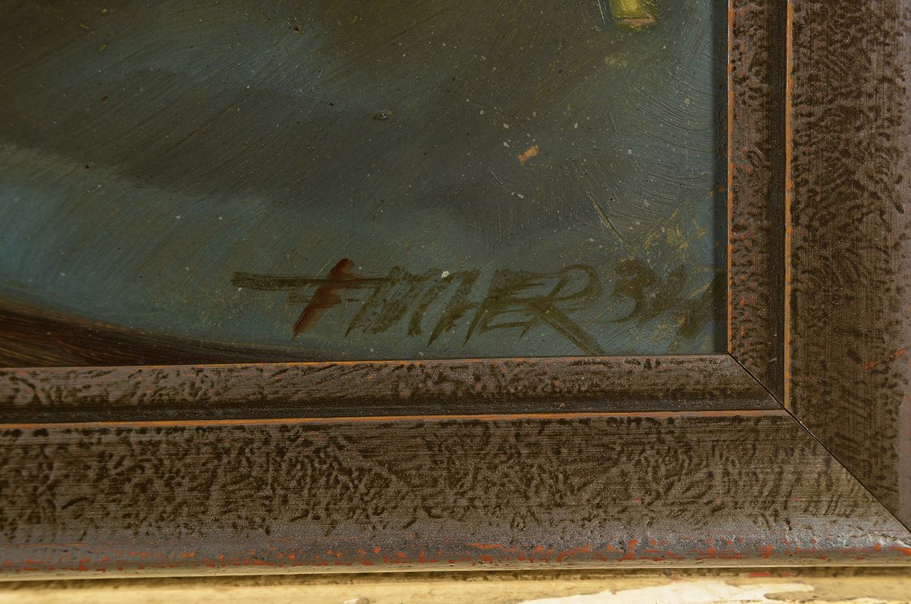 Detail a: Fischer, wohl 1940/50er Jahre, Holzschlappenmit Nelken, signiert, ca. 26 x 37 cm, Rahmen