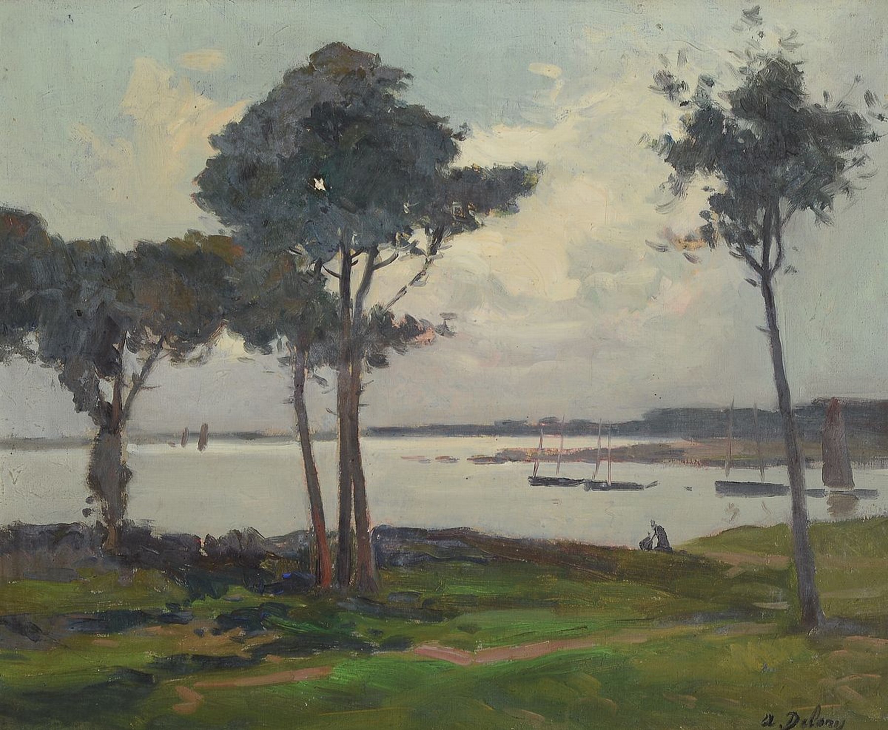 A. Delong, französischer Künstler, um 1900, Landschaft an der Küste, Uferweg unter Pinien, grüner und dunkelgrüner Grasbewuchs, silbergrauer ...