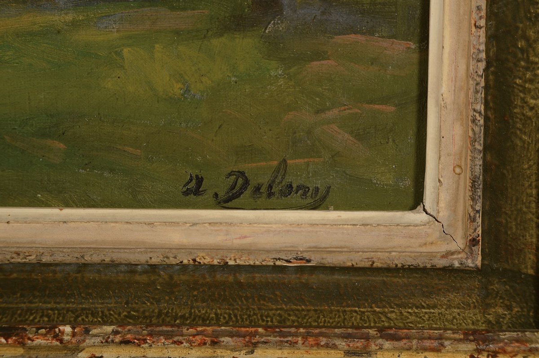 Detail a: A. Delong, französischer Künstler, um 1900, Landschaft an der Küste, Uferweg unter Pinien, grüner und dunkelgrüner Grasbewuchs, silbergrauer ...