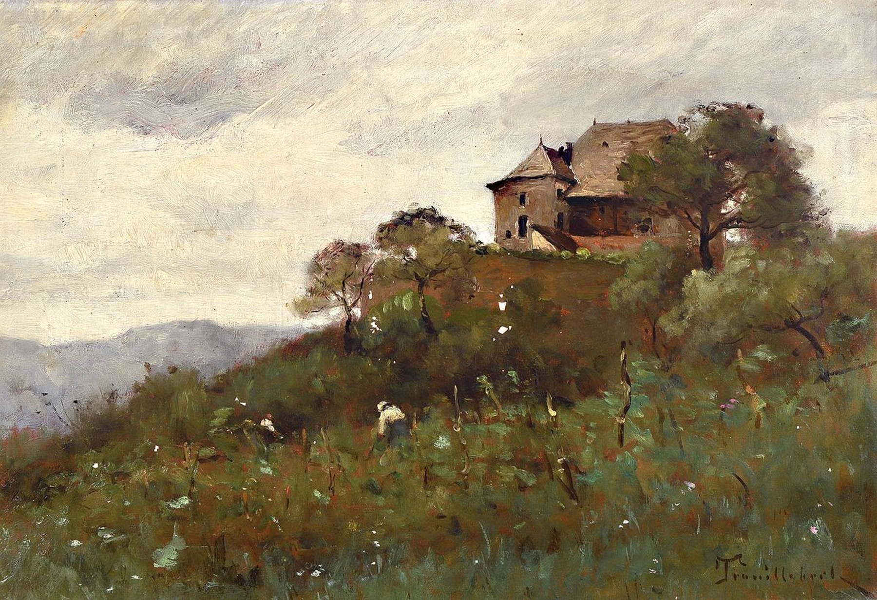 Paul Désiré Trouillebert, 1829 Paris - 1900, französische Landschaft mit Herrenhaus auf einem Hügel und zwei arbeitende Personen im darunter ...