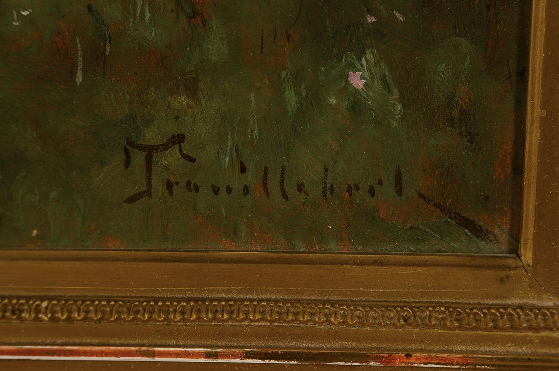 Detail a: Paul Désiré Trouillebert, 1829 Paris - 1900, französische Landschaft mit Herrenhaus auf einem Hügel und zwei arbeitende Personen im darunter ...