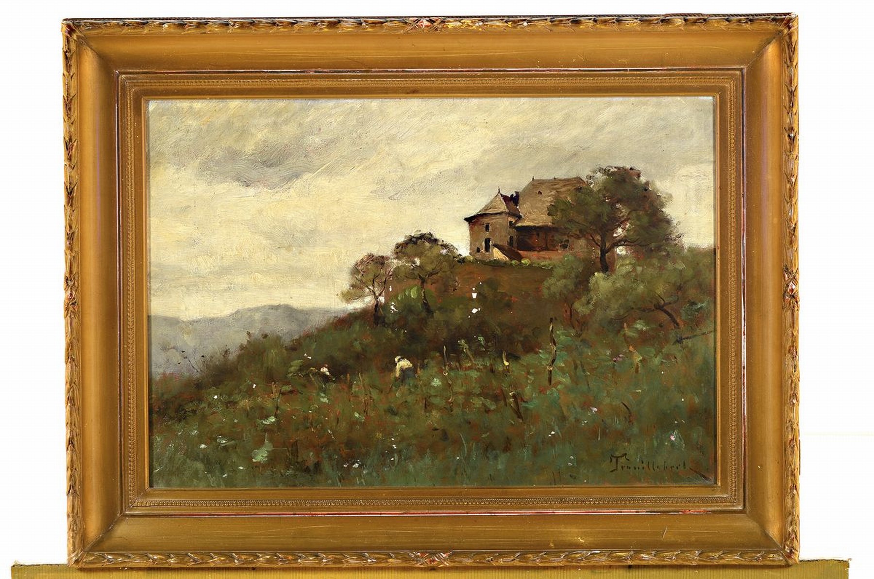Detail k: Paul Désiré Trouillebert, 1829 Paris - 1900, französische Landschaft mit Herrenhaus auf einem Hügel und zwei arbeitende Personen im darunter ...
