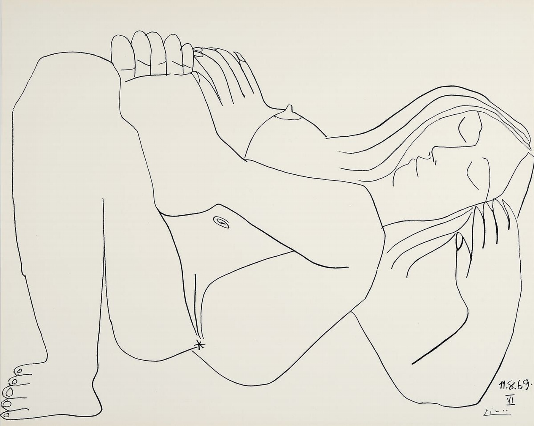 Pablo Picasso, 1831-1973, schlafender Akt, Lithografie auf Büttenpapier, drucksign., Drucker Verlag: Edition Le Vent´d Arles 1972, Motiv ca. 50x40 ...