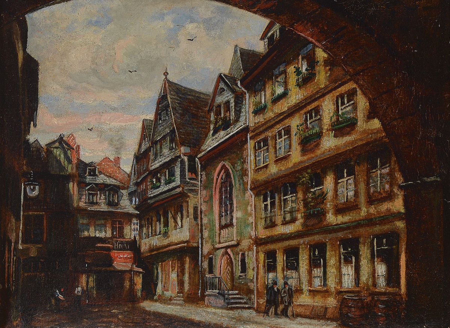 Hanni Franke, 1890 Hochheim-1973 Frankfurt, Blick durch einen Torbogen in die Stadt, Öl auf Malkarton, dieser wellig, rückseitig signiert, ca. ...