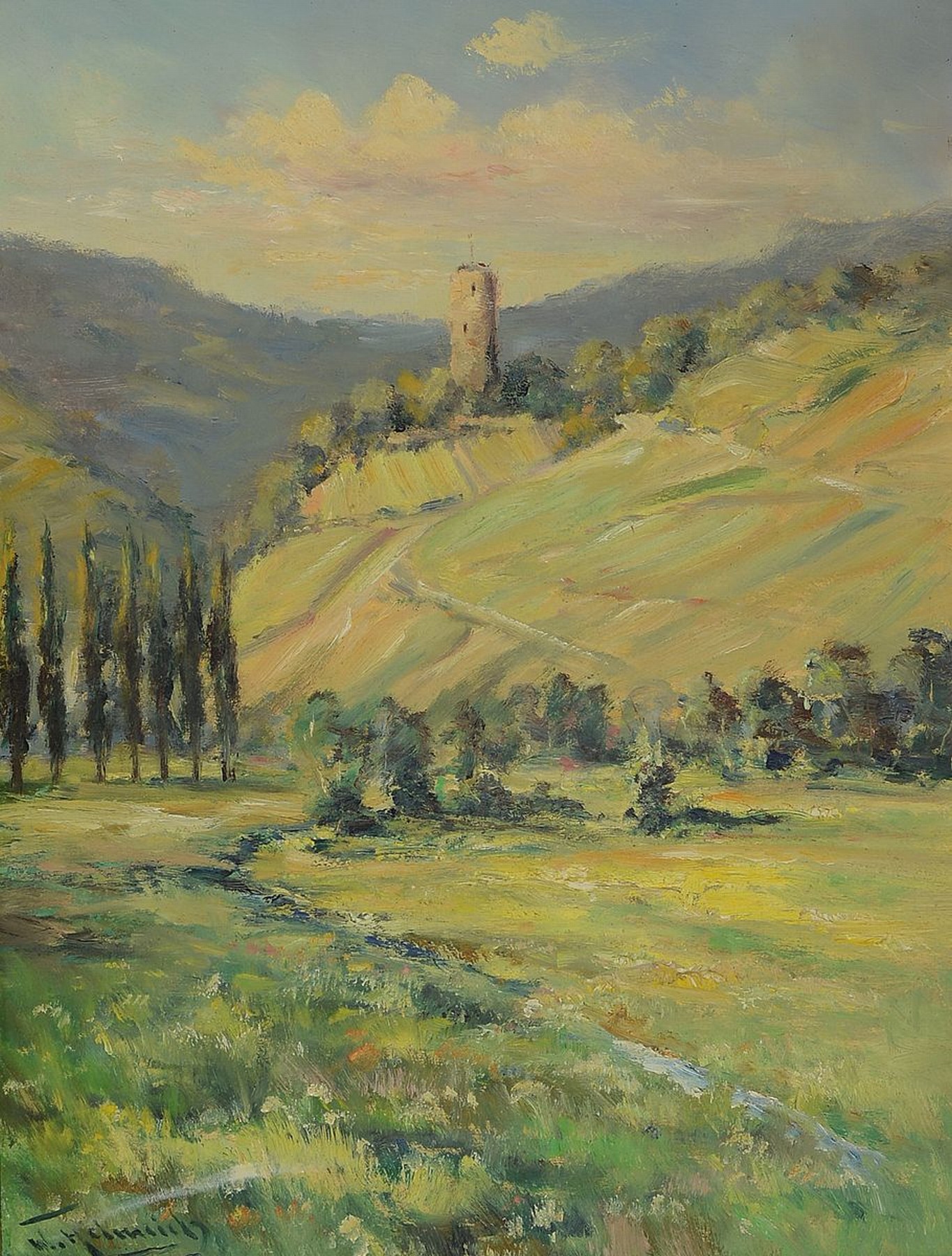 Walter Helmich, Rheingauer Maler, geb. 1905,Die Burgruine Scharfenstein bei Kiedrich im Rheingau, Öl/Sperrholz, links unten signiert, ca. ...