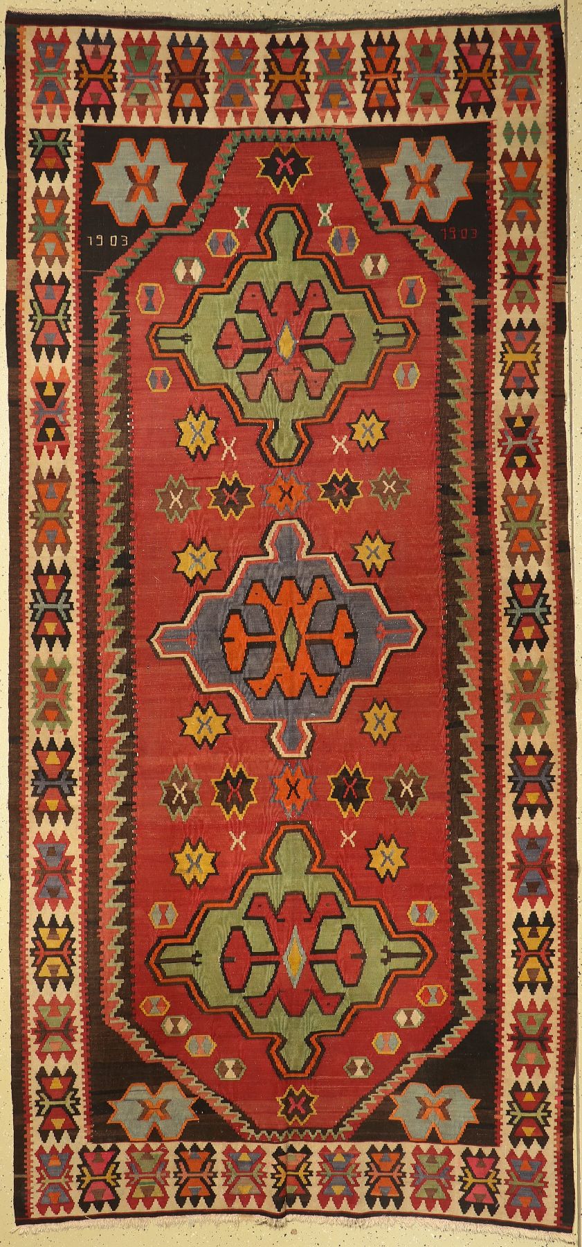 Schirwan Kelim antik, Kaukasus,datiert um 1903 , Wolle auf Wolle, ca. 320 x 150 cm, EHZ: 2