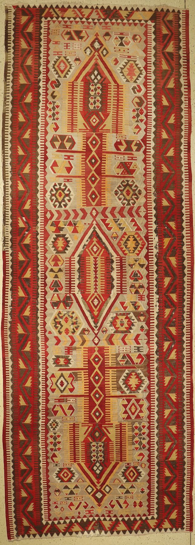 Anatol Kelim alt, Türkei, um 1930, Wolle auf Wolle, ca. 444 x 153 cm, EHZ: 2-3