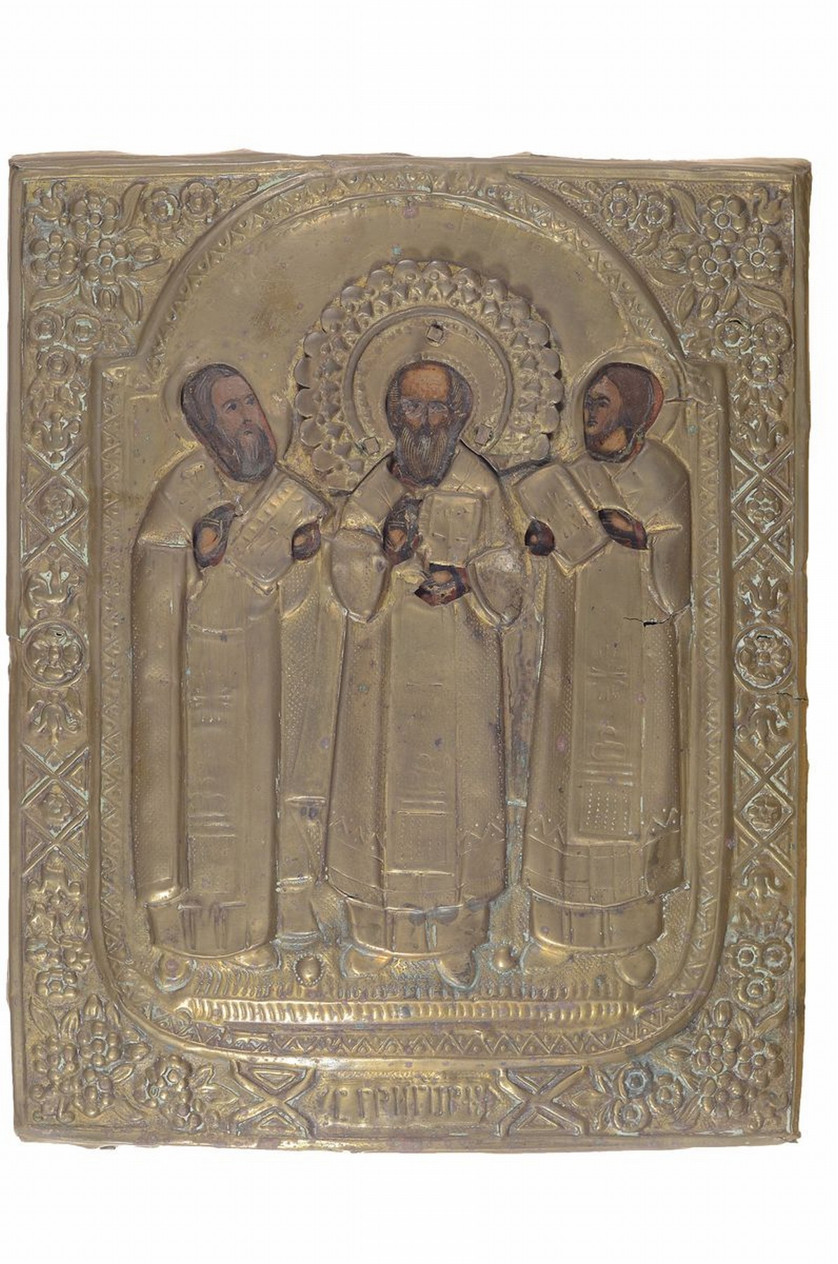 Ikone, Nordrussland, um 1870, Die Hl. drei Hierarchen Basilius, Grigorius und Johannes Chysostomos, Tempera auf Holz, mit reich geprägtem ...