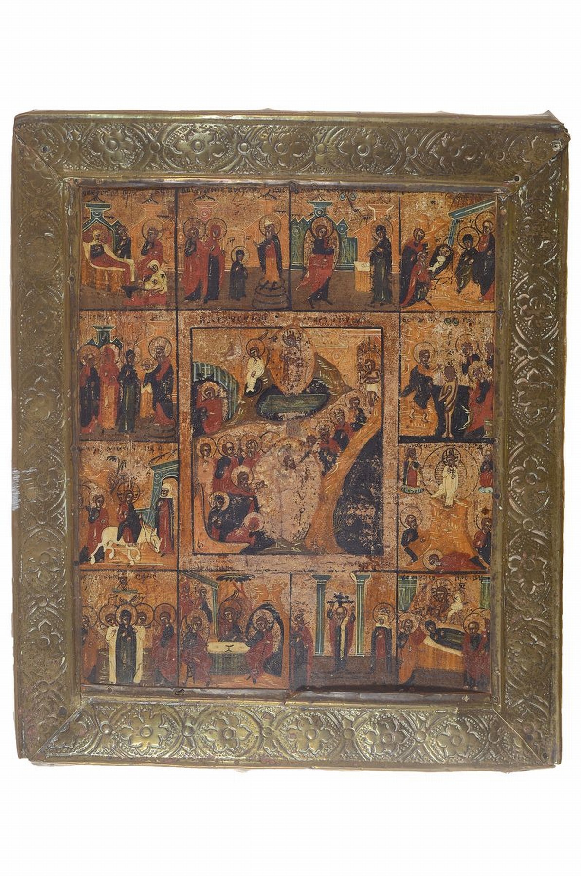Festtagsikone, Russland, um 1880, Tempera auf Holz, mit 12 Szenen aus dem Leben Jesu, gewaschen, geprägter Messingrand, ca. 31x26cm