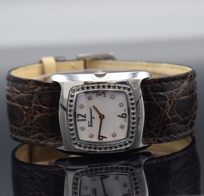 Image 26202294 - SALVATORE FERRAGAMO ladies wristwatch, quartz,reference F51, stainless steel case including original leather strap with original buckle, case back screwed-down 4-times, mother of pearl dial with raised indices, display of hours & minutes, measures approx. 37,5 x 30 mm, condition 2