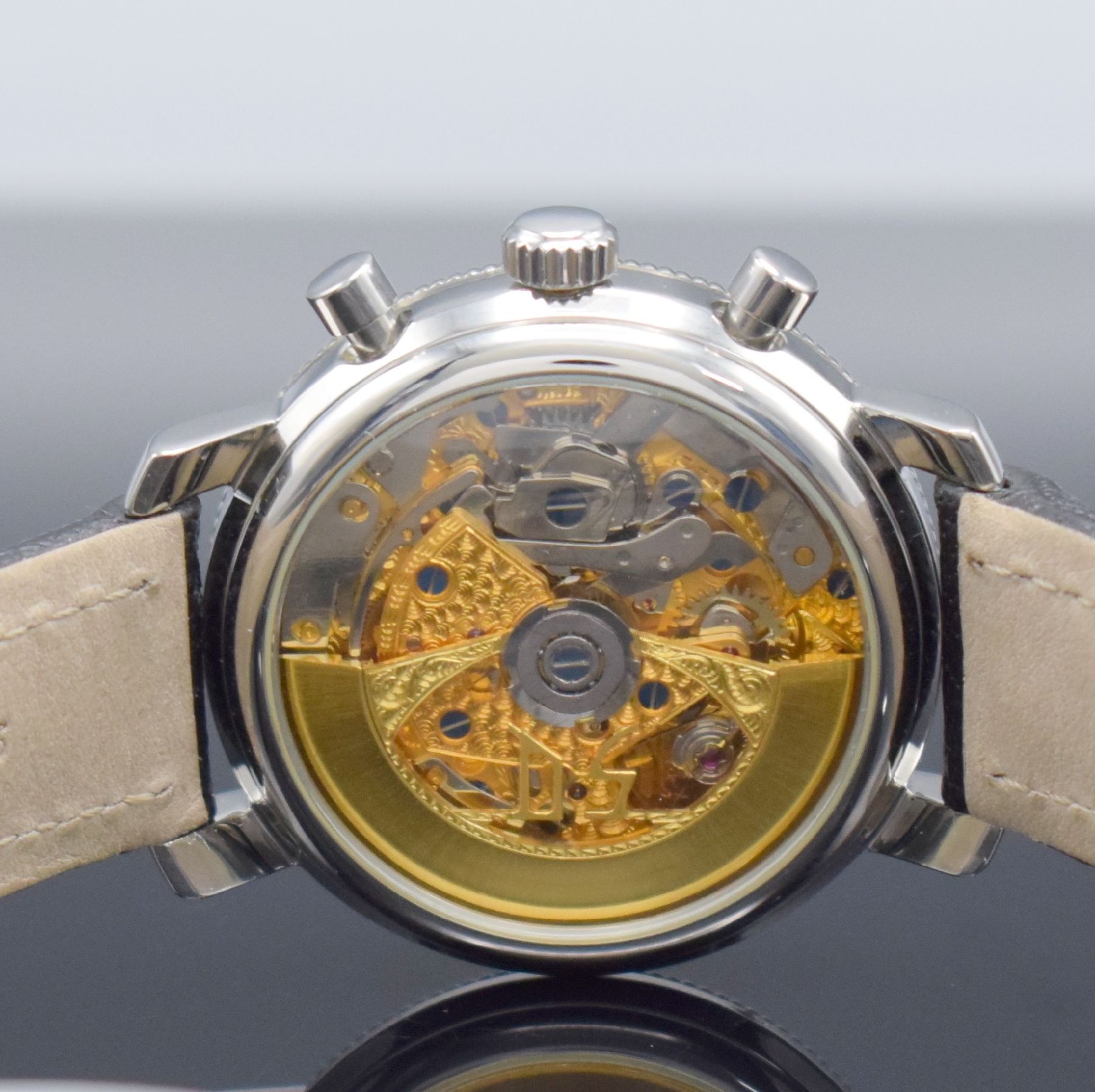 Detail d: DUBEY & SCHALDENBRAND Armbandchronograph mit Vollkalender in Stahl, Schweiz um 1995, Automatik, beids. vergl. Geh. m. Riffel- Lünette, weißes ...