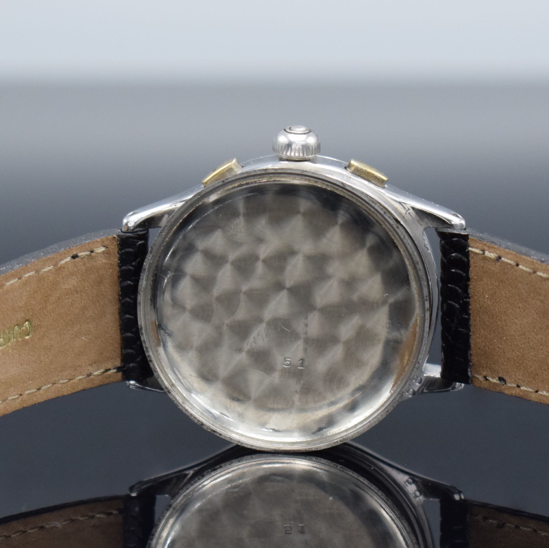Detail f: LANDERON verchromter 3-Drücker Armbandchronograph mit schwarzem Glanzzifferblatt, Schweiz um 1940, 3-tlg. Geh., Stahlboden aufgedr., ...