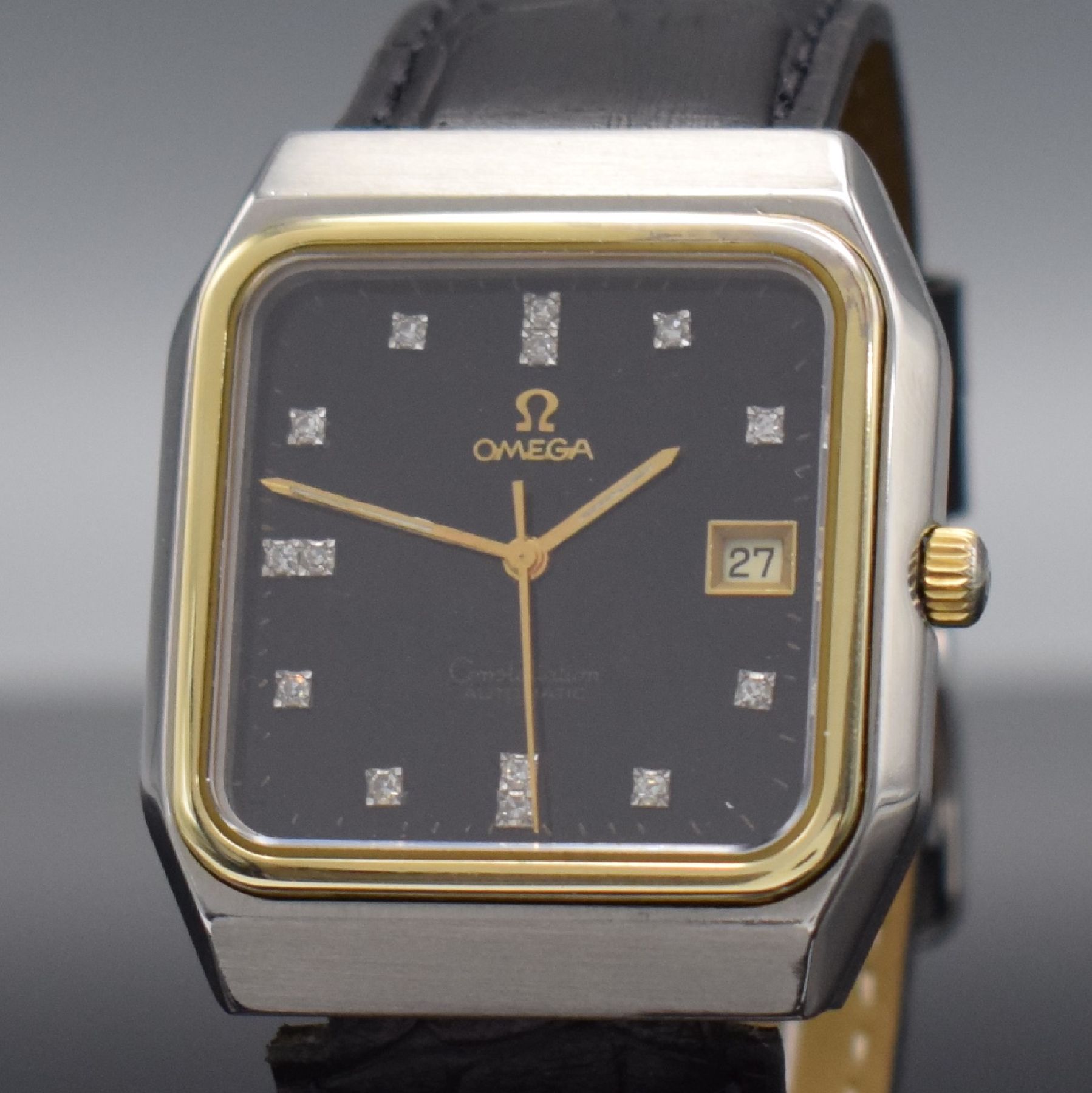 Detail c: OMEGA Constellation Ref. 168.0062 in Stahl/ Gold, Schweiz um 1973, Automatik, 4-fach verschr. Geh., Boden m. Sternwarten-Symbol, schwarzes ...