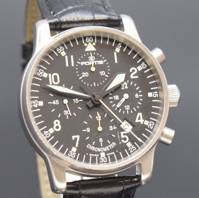 26202316c - FORTIS reference 598.10.151 chronometer- chronograph in steel, Switzerland around 1995, self winding, satin-finished case, screwed down case back, original steel-deployant clasp, frosted-black dial with luminous numerals and indices, luminous hands, 24-hour display at 3, date at 5, hour-hand separate adjustable, rhodium plated movement calibre ETA 7750, 25 jewels precision adjustment, diameter approx. 40 mm, overhaul recommended at buyer's expense, condition 2