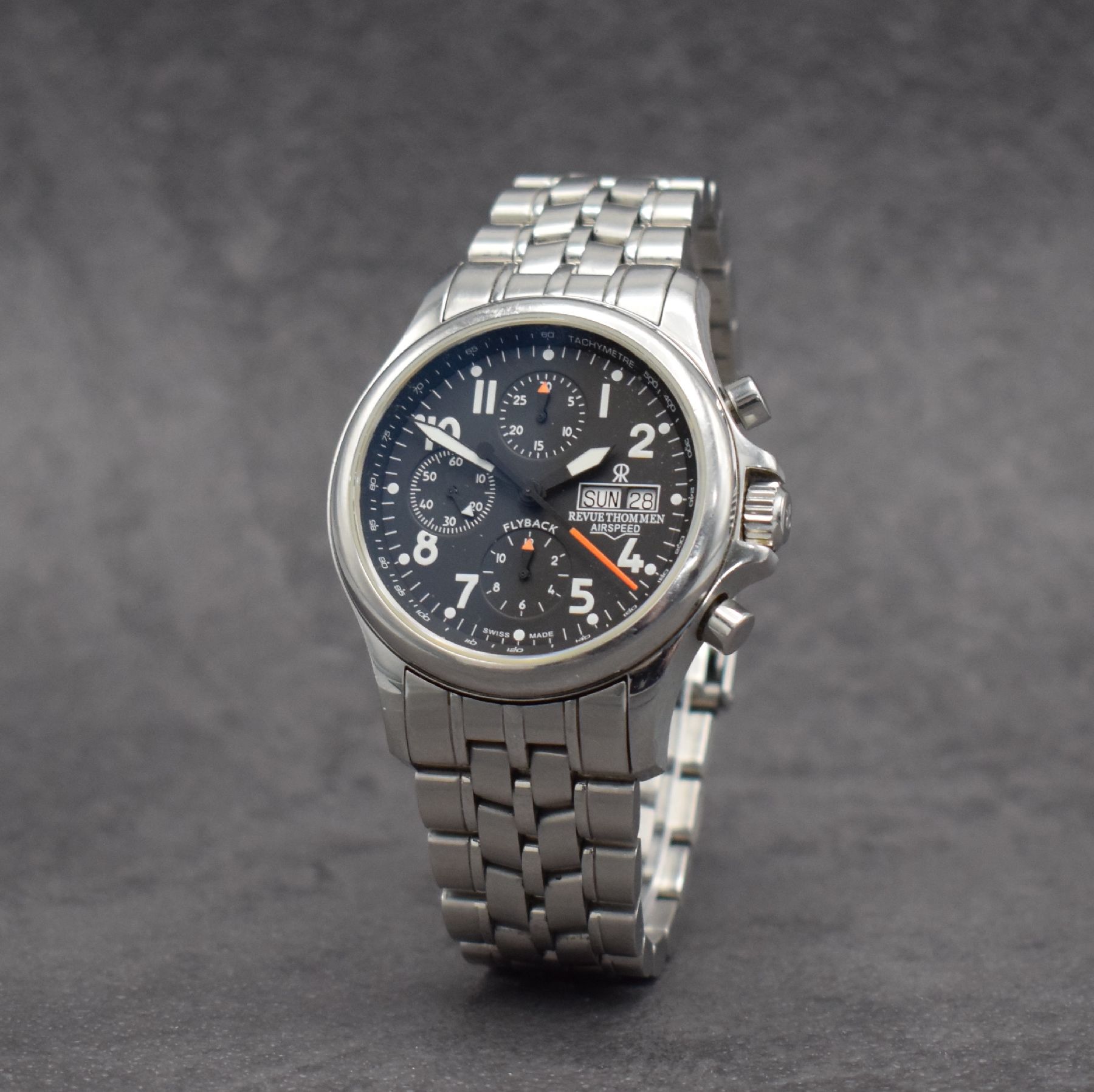 Detail b: REVUE THOMMEN Flyback Chronograph in Stahl, Schweiz verk. 02/2004, Automatik, beids. vergl. & verschr. Gehäuse, neutr. Gliederbd. m. Faltschl., ...